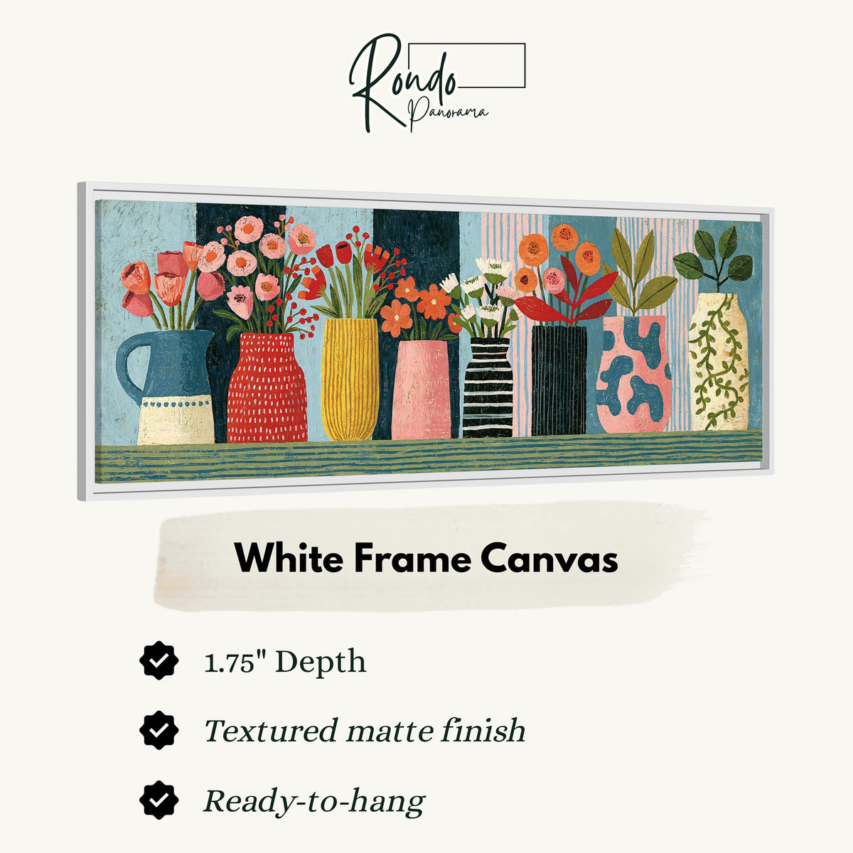 Row of folk art flower vases canvas print in a white floating frame