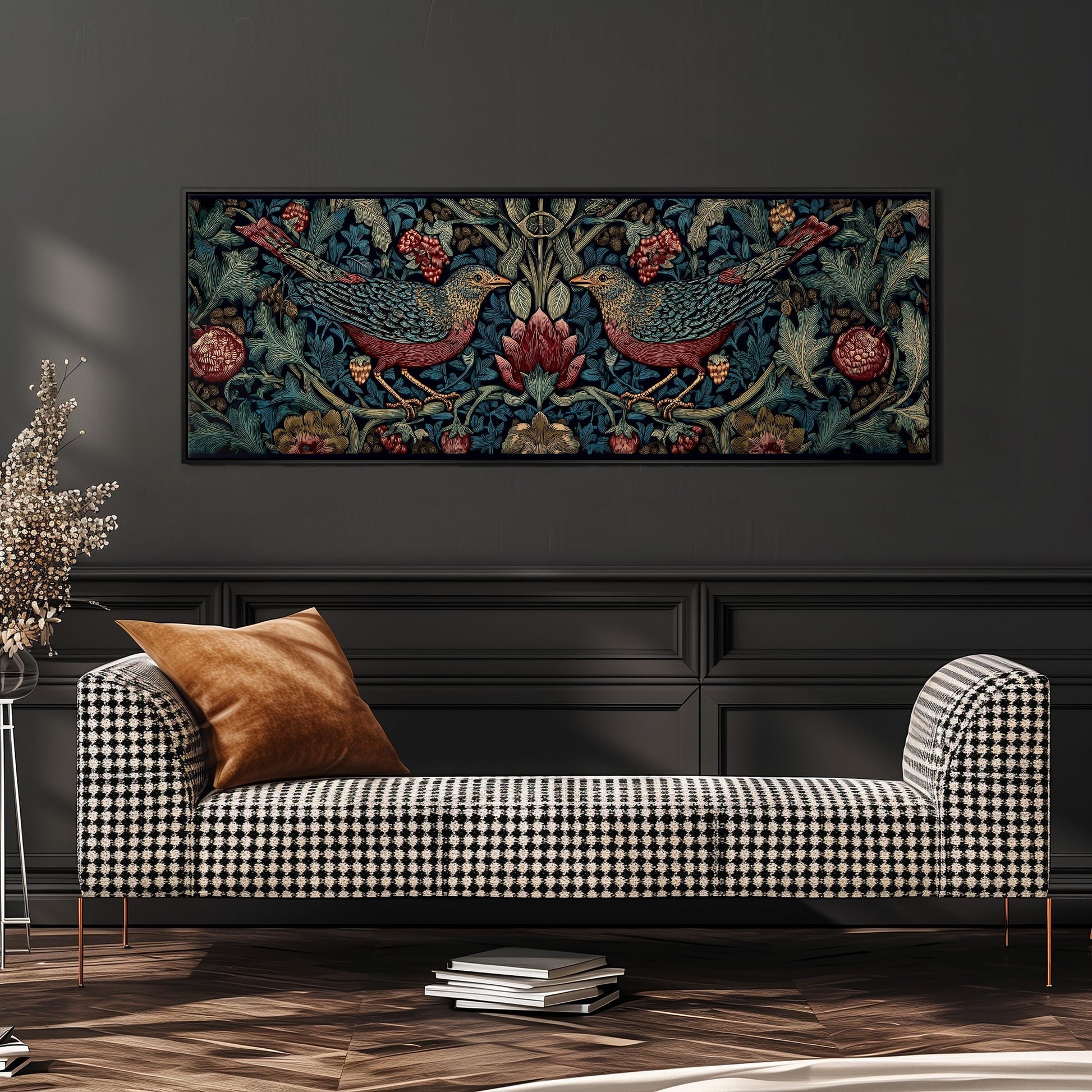 a large, colorful tapestry or painting hanging on a wall above a black and white checkered sofa in a living room setting.