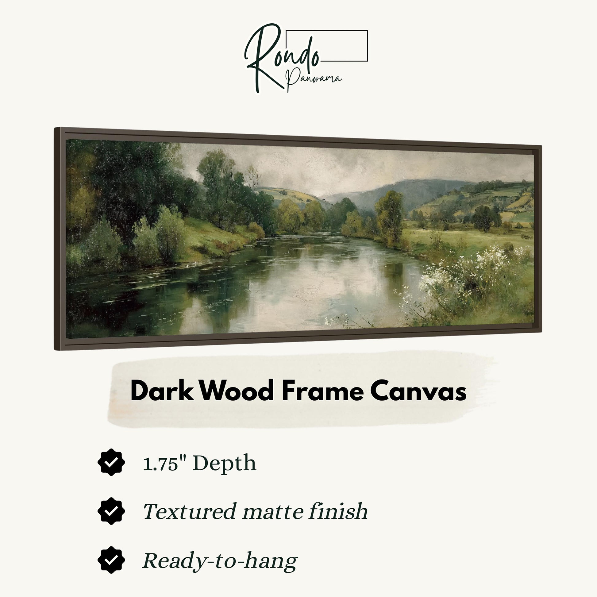 The image is a framed painting depicting a serene landscape with a river and trees.