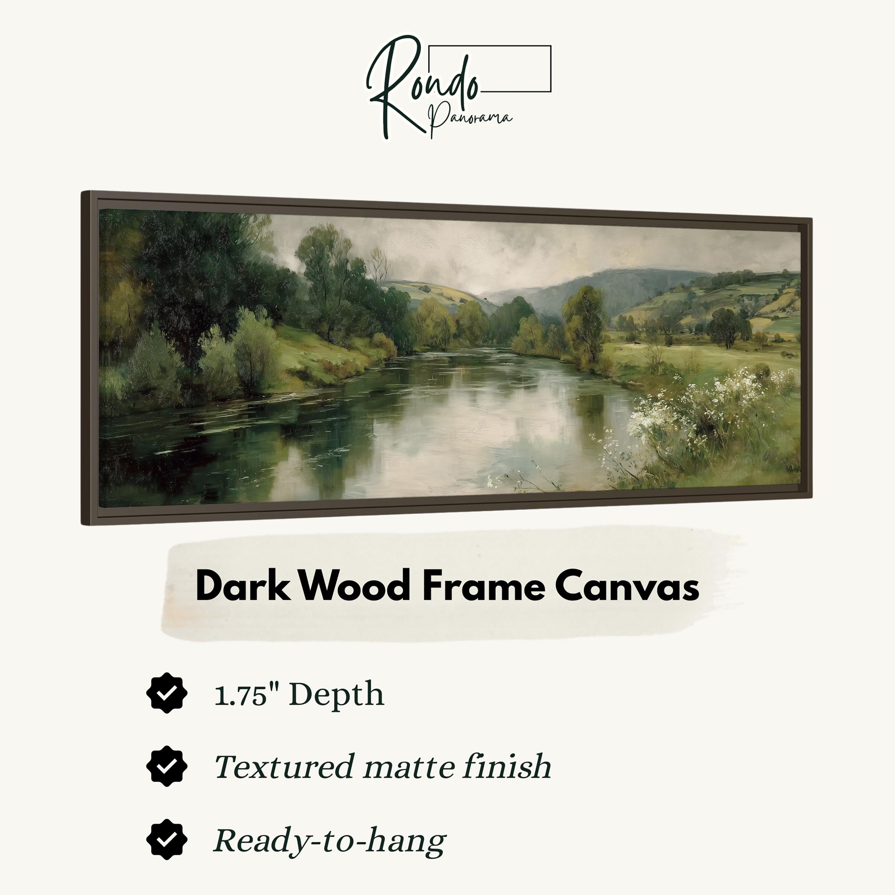 The image is a framed painting depicting a serene landscape with a river and trees.