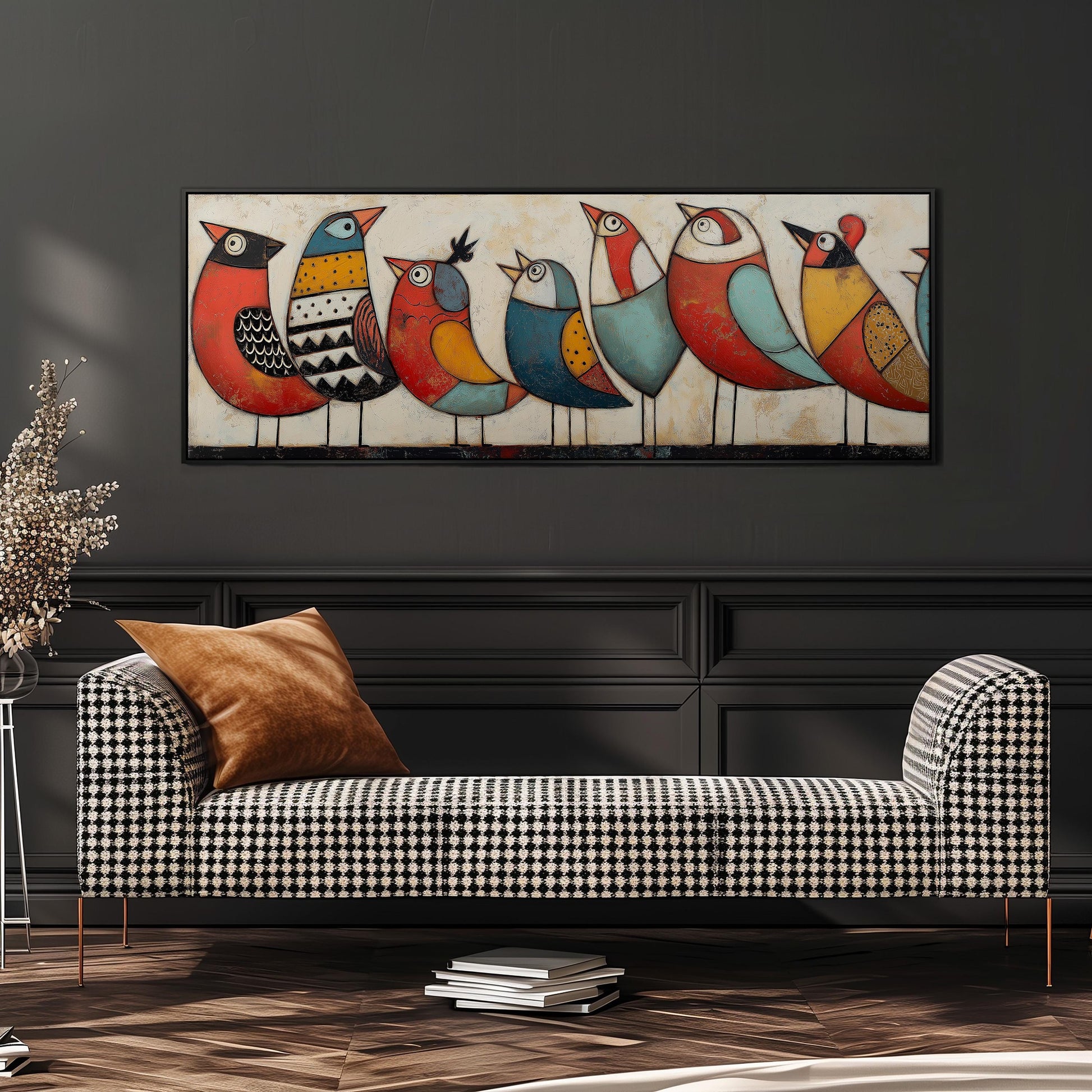 a modern living room with a checkered sofa, a large abstract painting of colorful birds on the wall, and a stack of books on the floor.