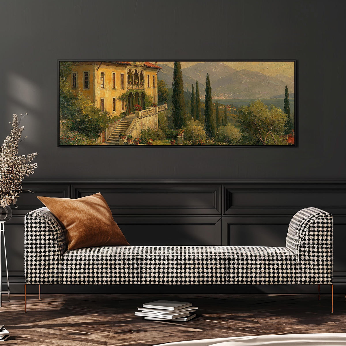Tuscan villa among cypress hills wide panoramic canvas print above a bench in a dark living room