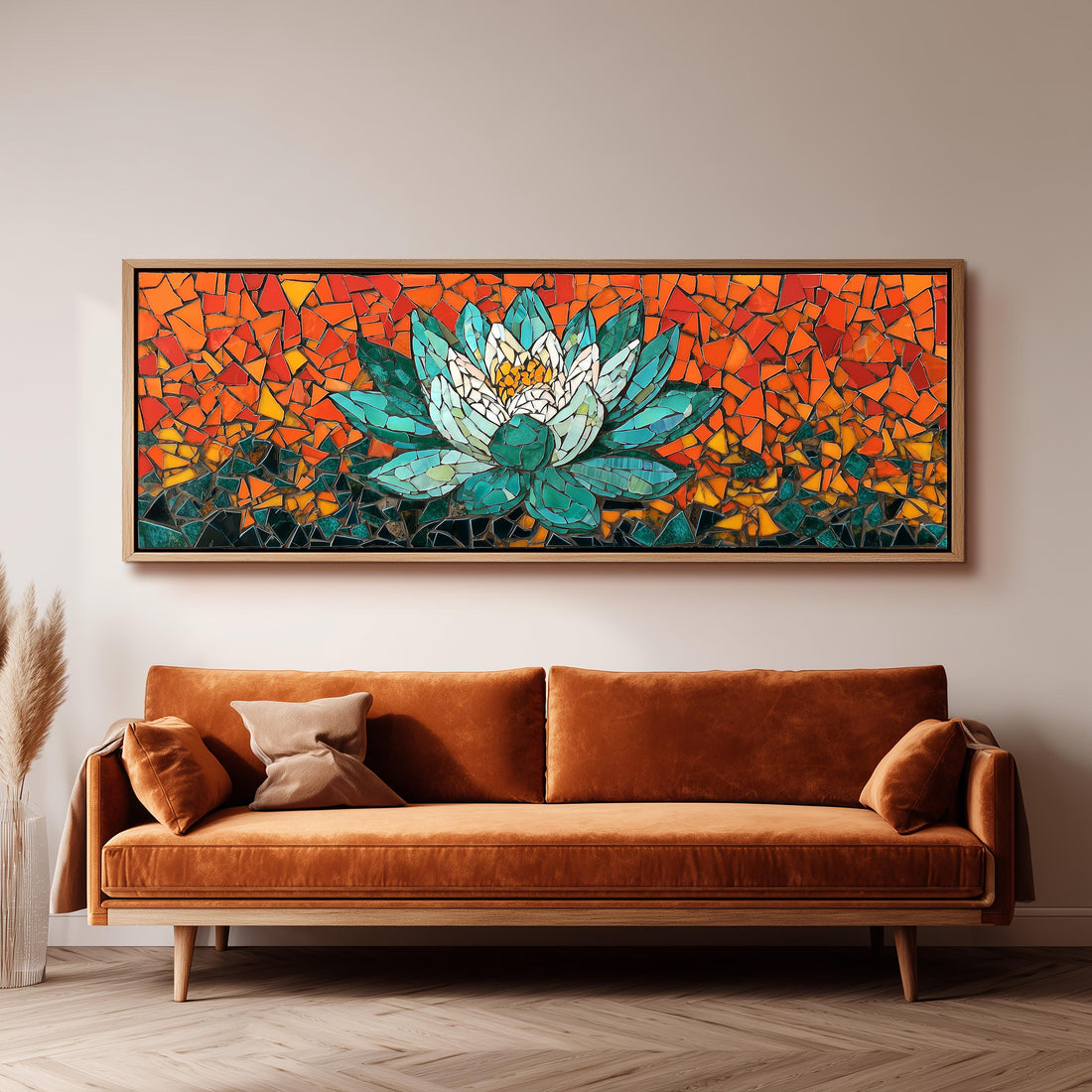 a large, vibrant mosaic artwork depicting a lotus flower, which is hanging on a wall above a brown sofa.