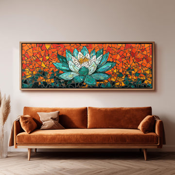 a large, vibrant mosaic artwork depicting a lotus flower, which is hanging on a wall above a brown sofa.