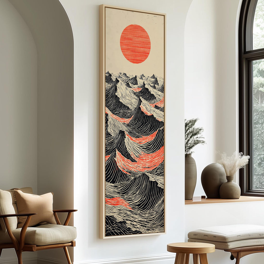 Red sun over ink waves long vertical canvas print in a sunlit living space
