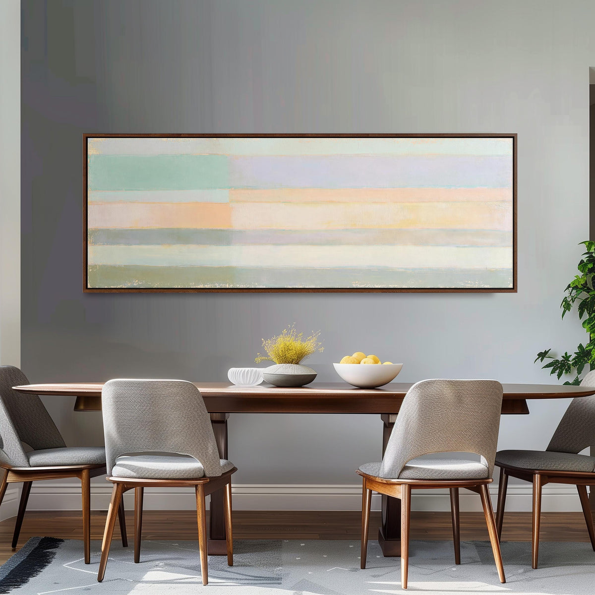 Mint, lavender and peach pastel bands long horizontal canvas print above a dining table