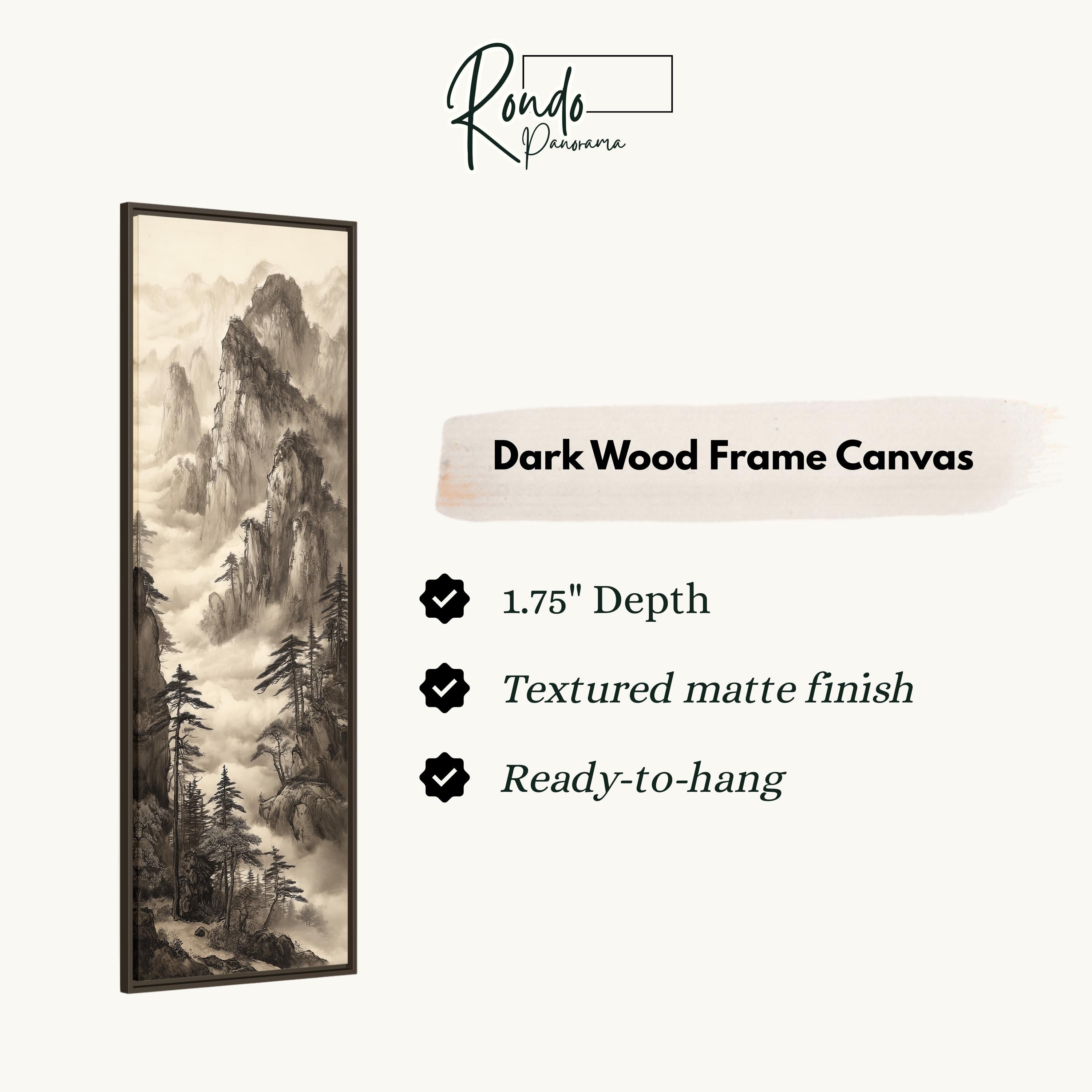 The image is a black and white landscape painting of a mountainous scene, with a dark wood frame.