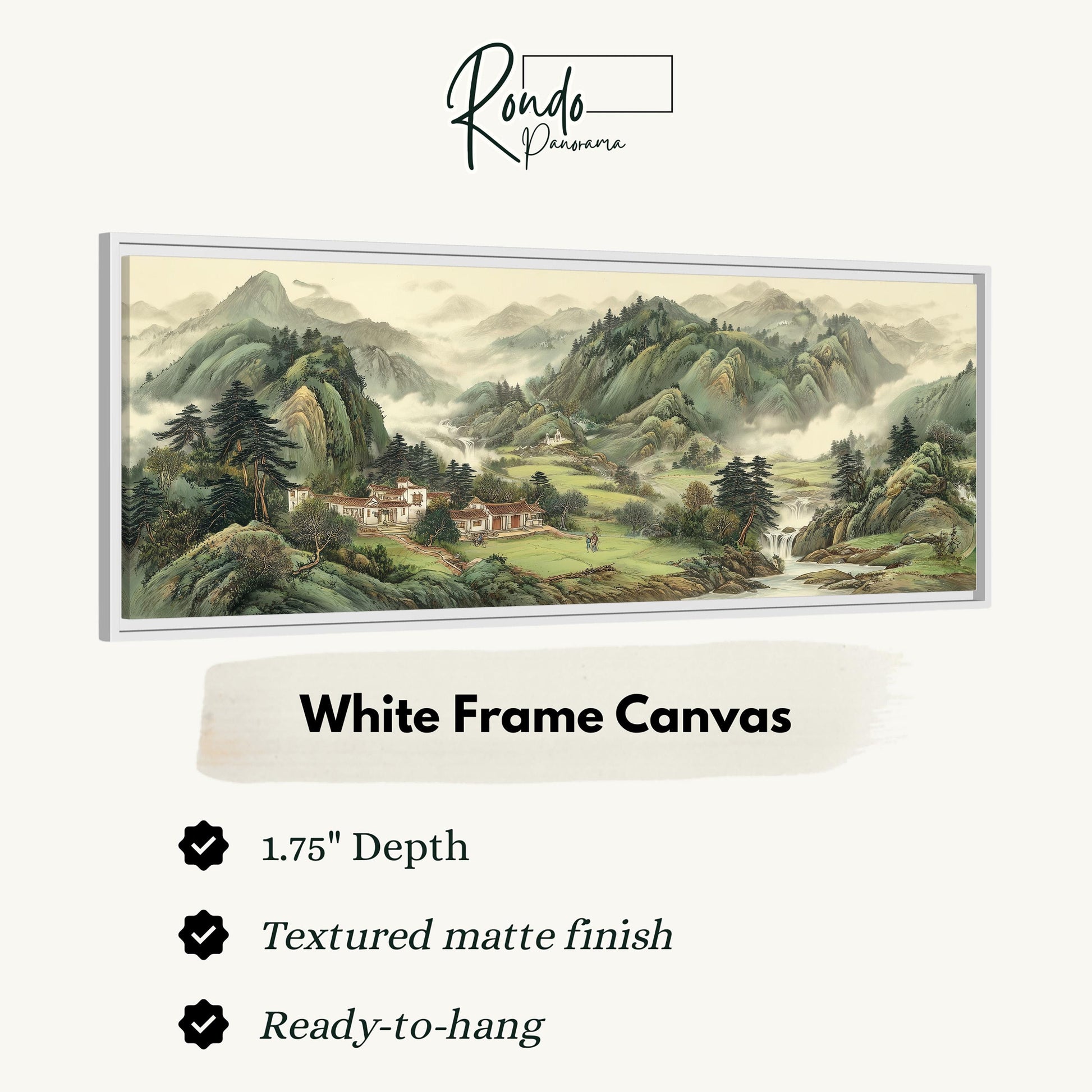 The image is a white frame canvas depicting a mountainous landscape with a village in the distance.