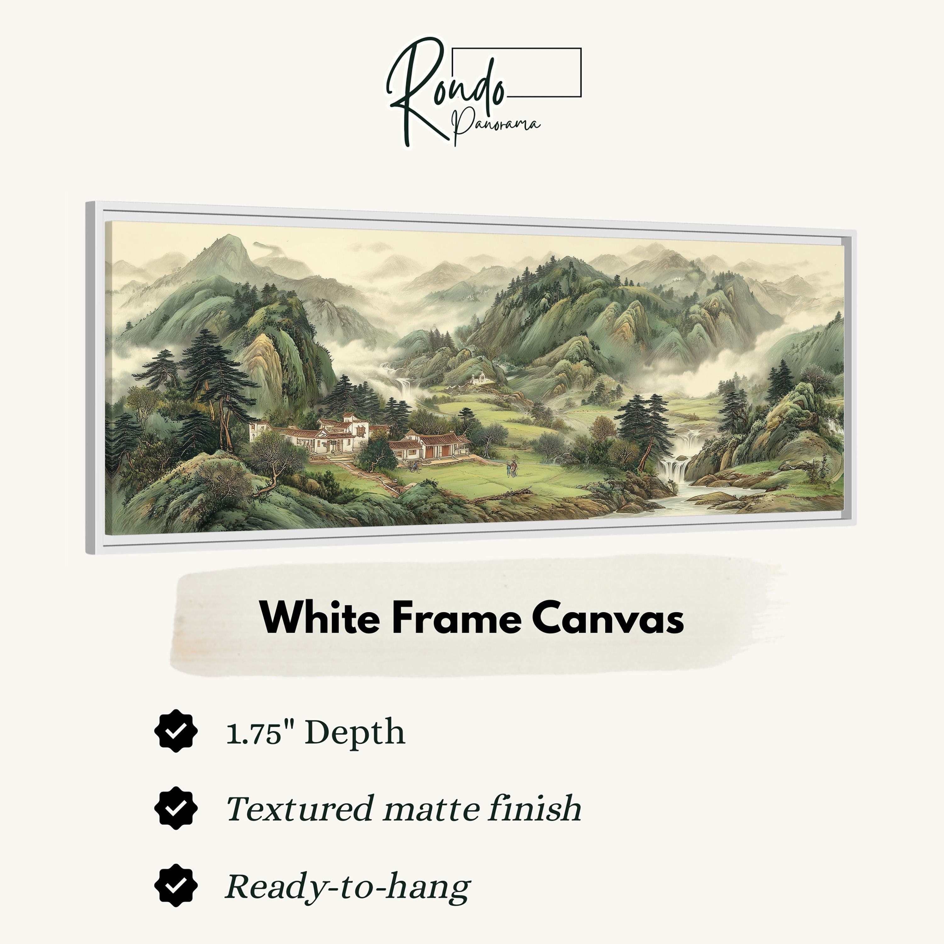 The image is a white frame canvas depicting a mountainous landscape with a village in the distance.