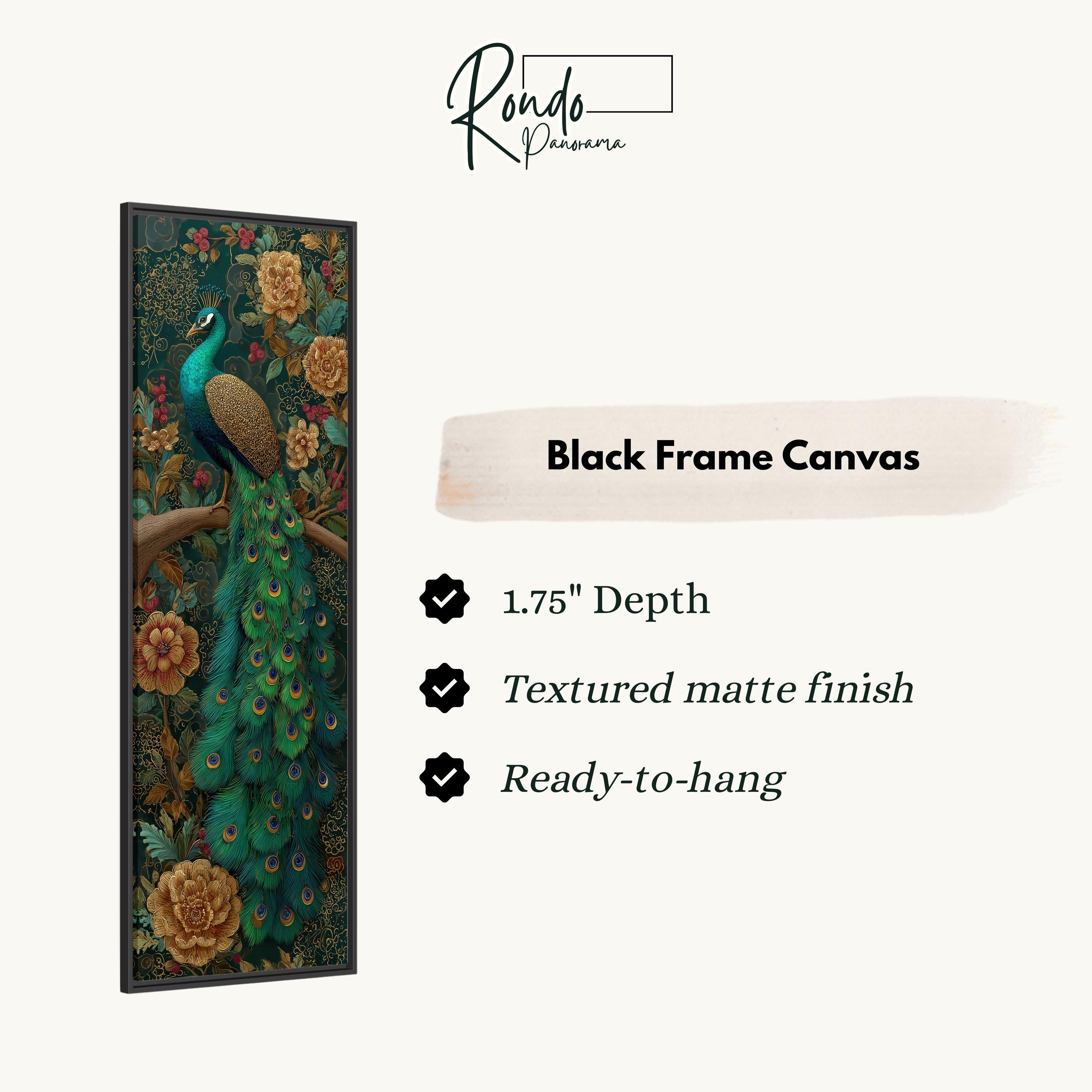 The image is a black frame canvas featuring a vibrant peacock with a detailed, colorful background.