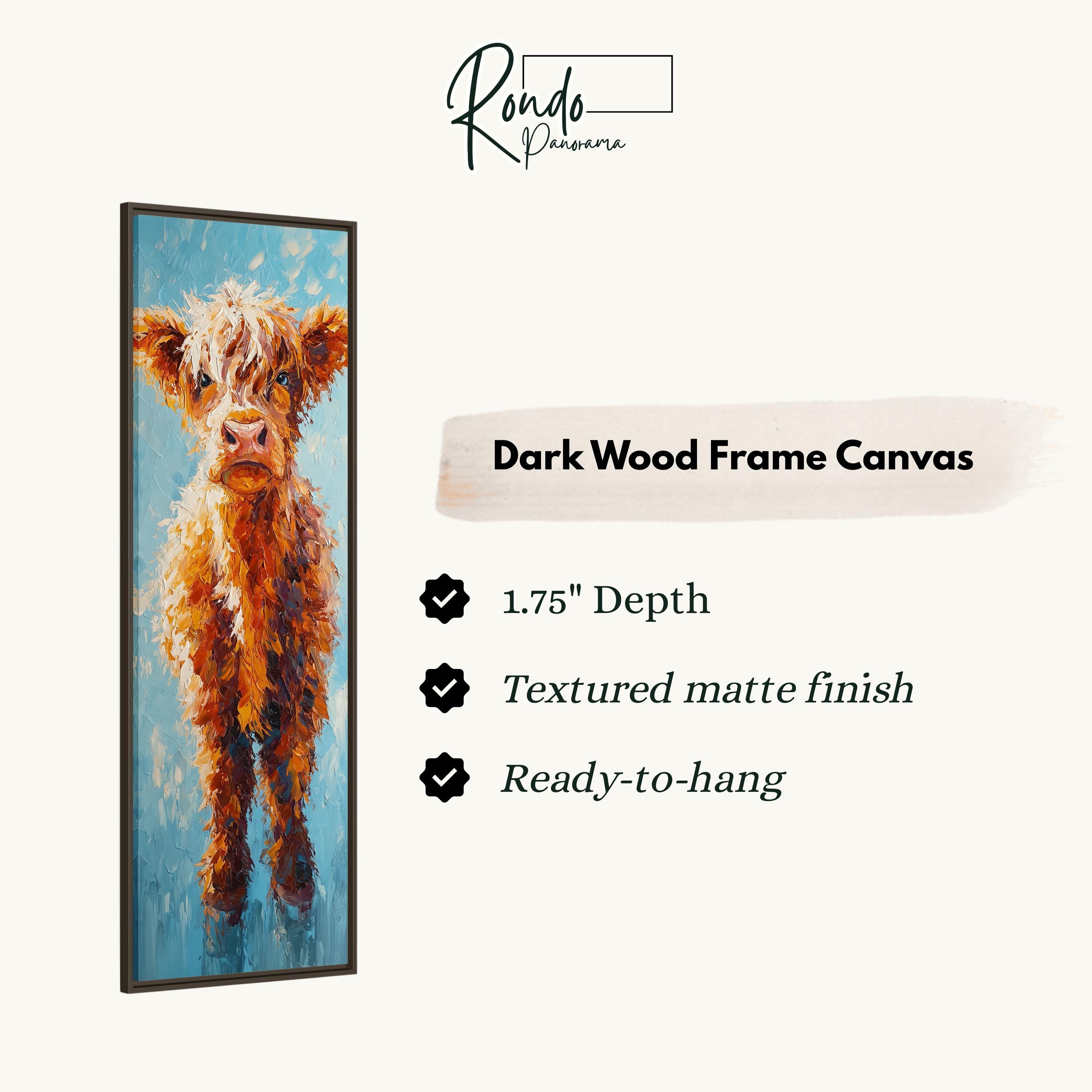 The image is a framed painting of a cow, specifically a Highland cow, with a dark wood frame. The painting is described as having a 1.75" depth, a textured matte finish, and is ready to hang.