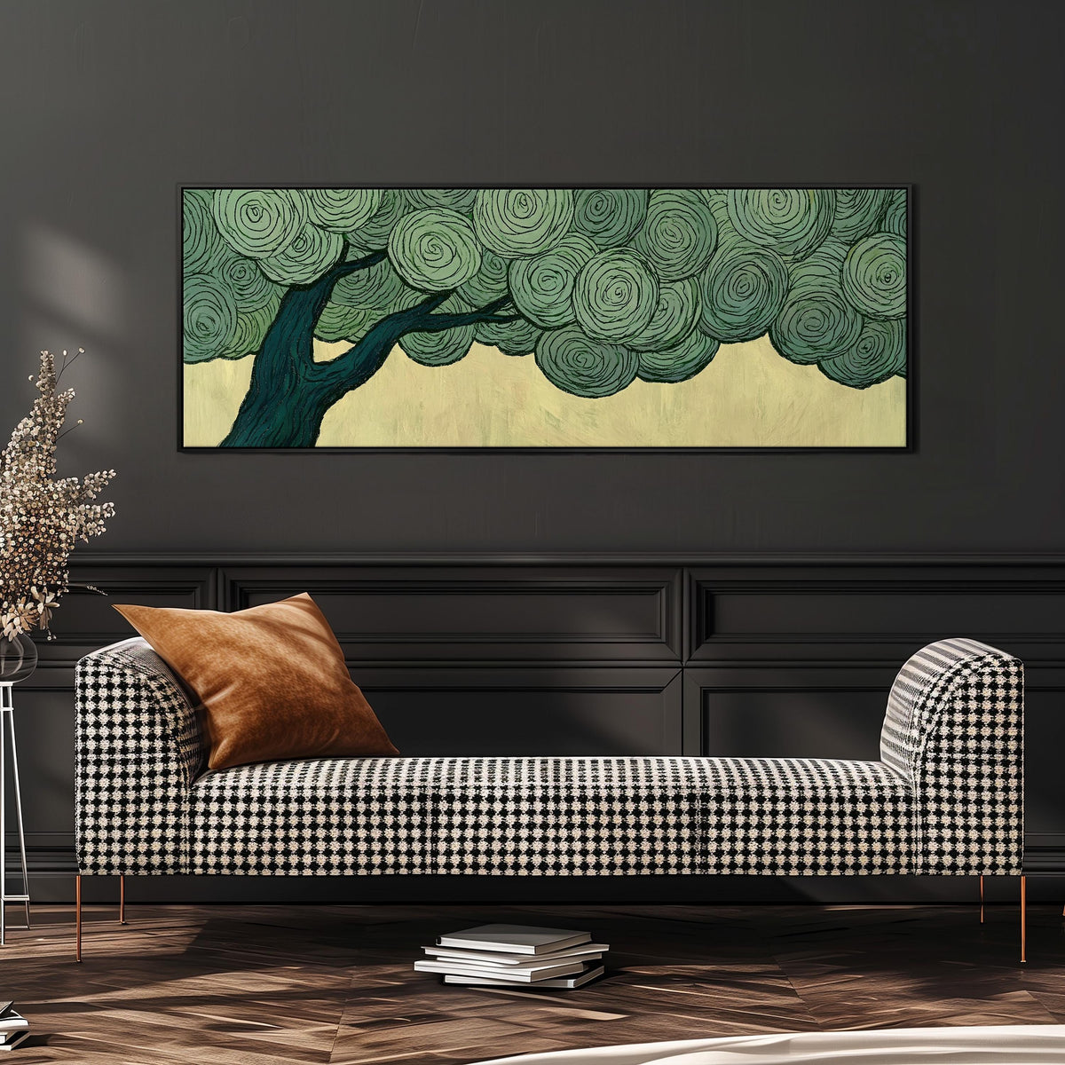 Tree with a swirling green canopy wide panoramic canvas print above a bench in a dark living room