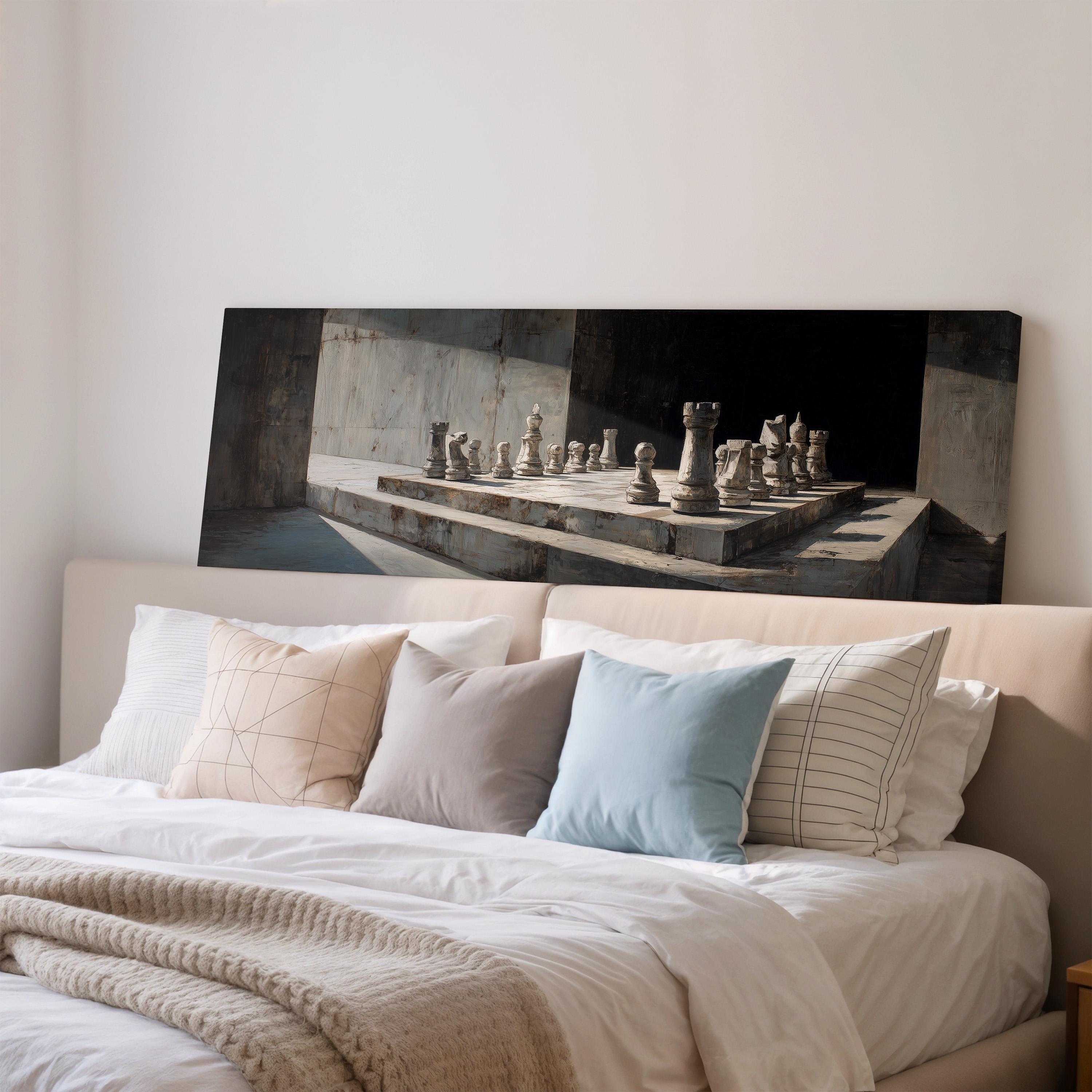 a large painting of a chess set on a wall above a bed with white bedding and pillows.