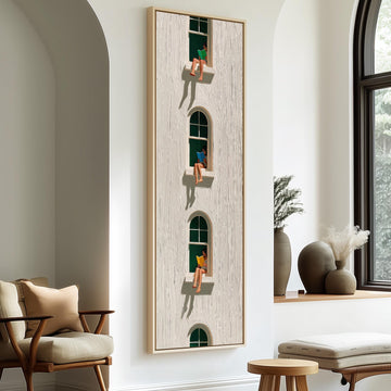 Readers sitting in stacked arched windows long vertical canvas print in a sunlit living space