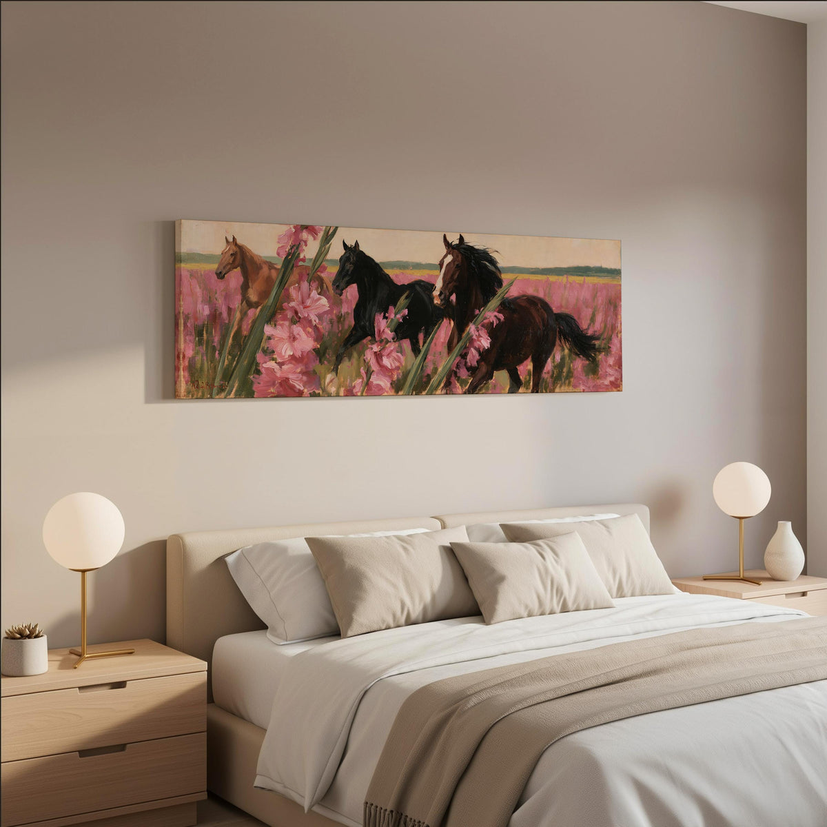Horses running through pink gladiolus wide panoramic canvas print above a bed in a neutral bedroom