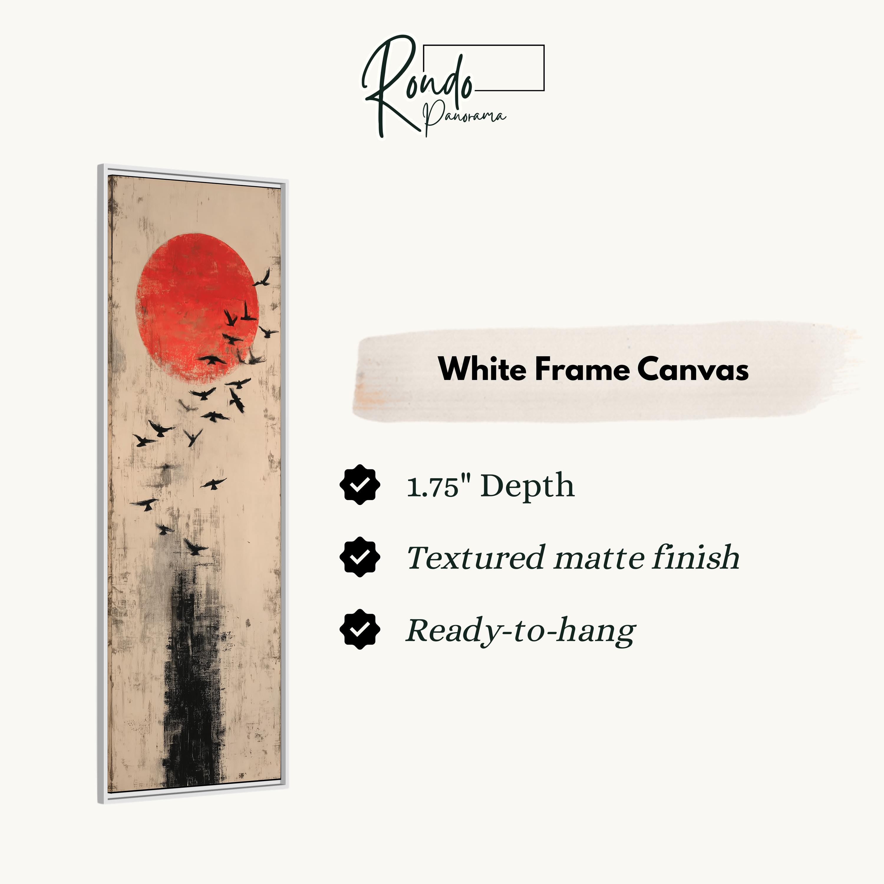 The image is a white frame canvas with a painting of a red sun and black birds.