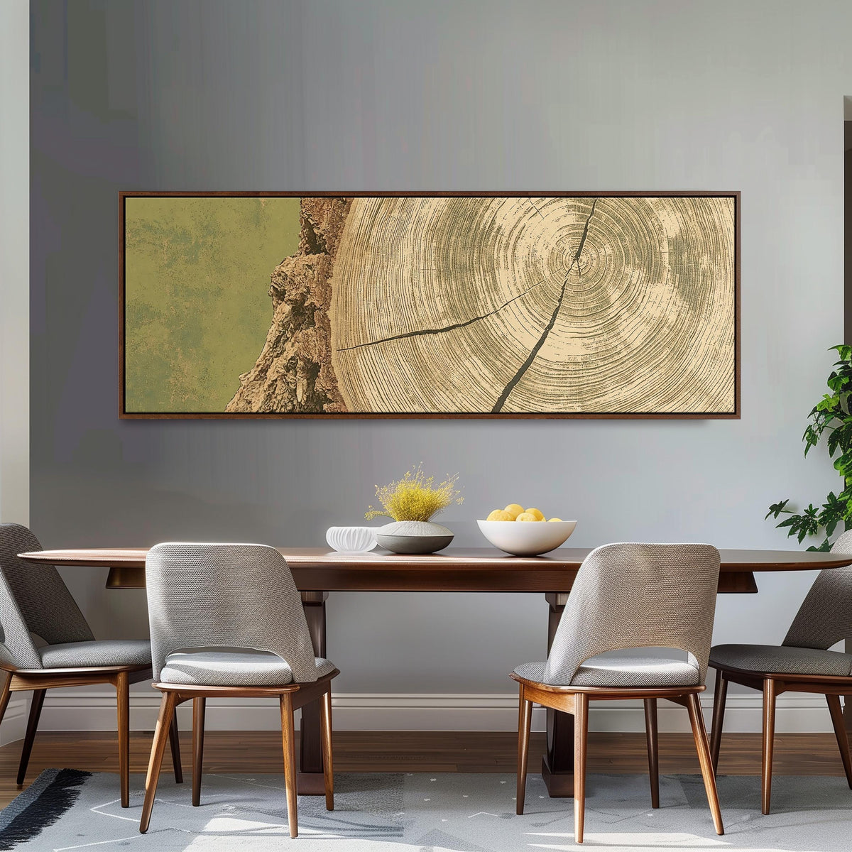 Golden tree ring wood grain long horizontal canvas print above a dining table
