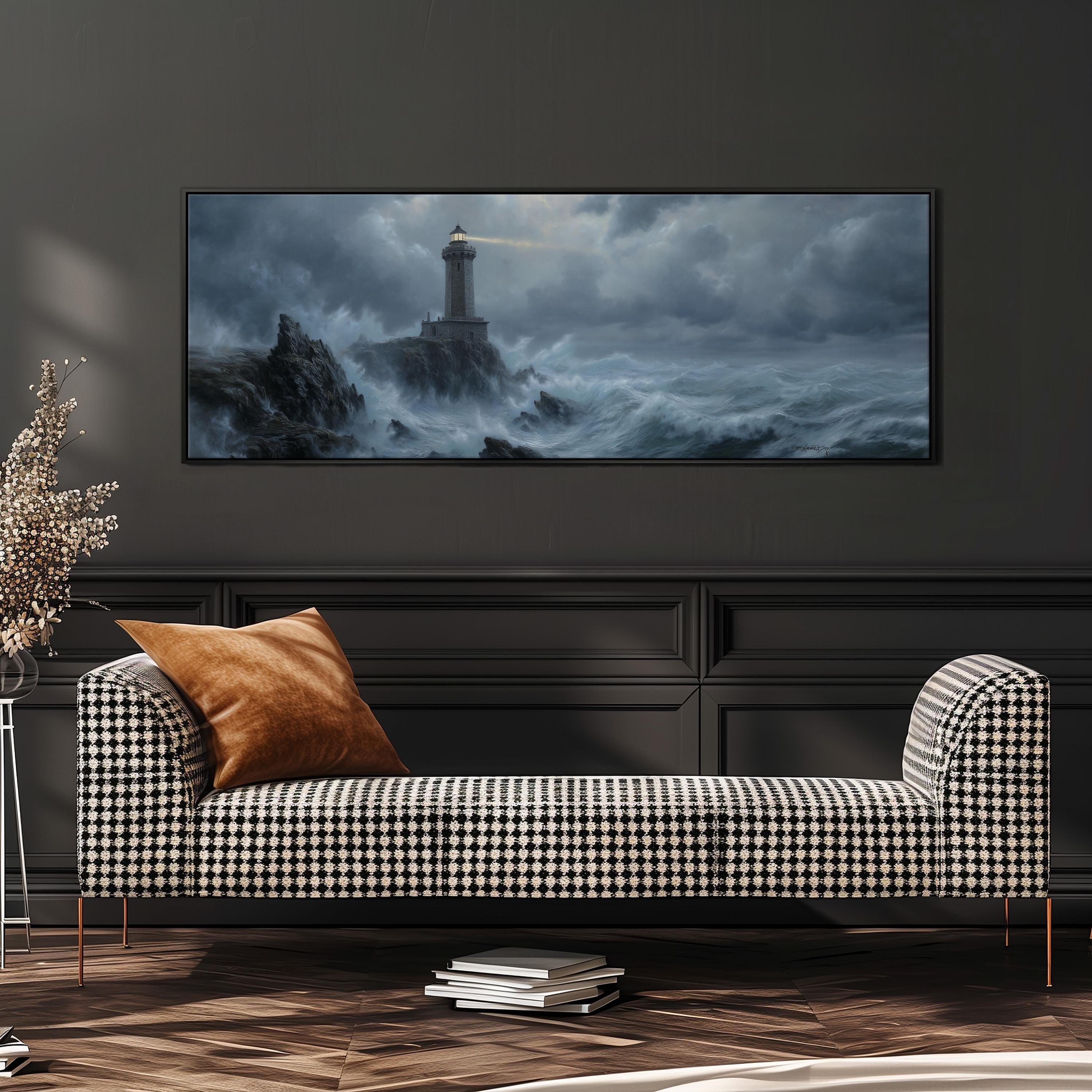 a large black and white checkered sofa with a brown throw pillow, positioned in front of a dark wall with a framed painting depicting a lighthouse on a rocky shore during a stormy sea.