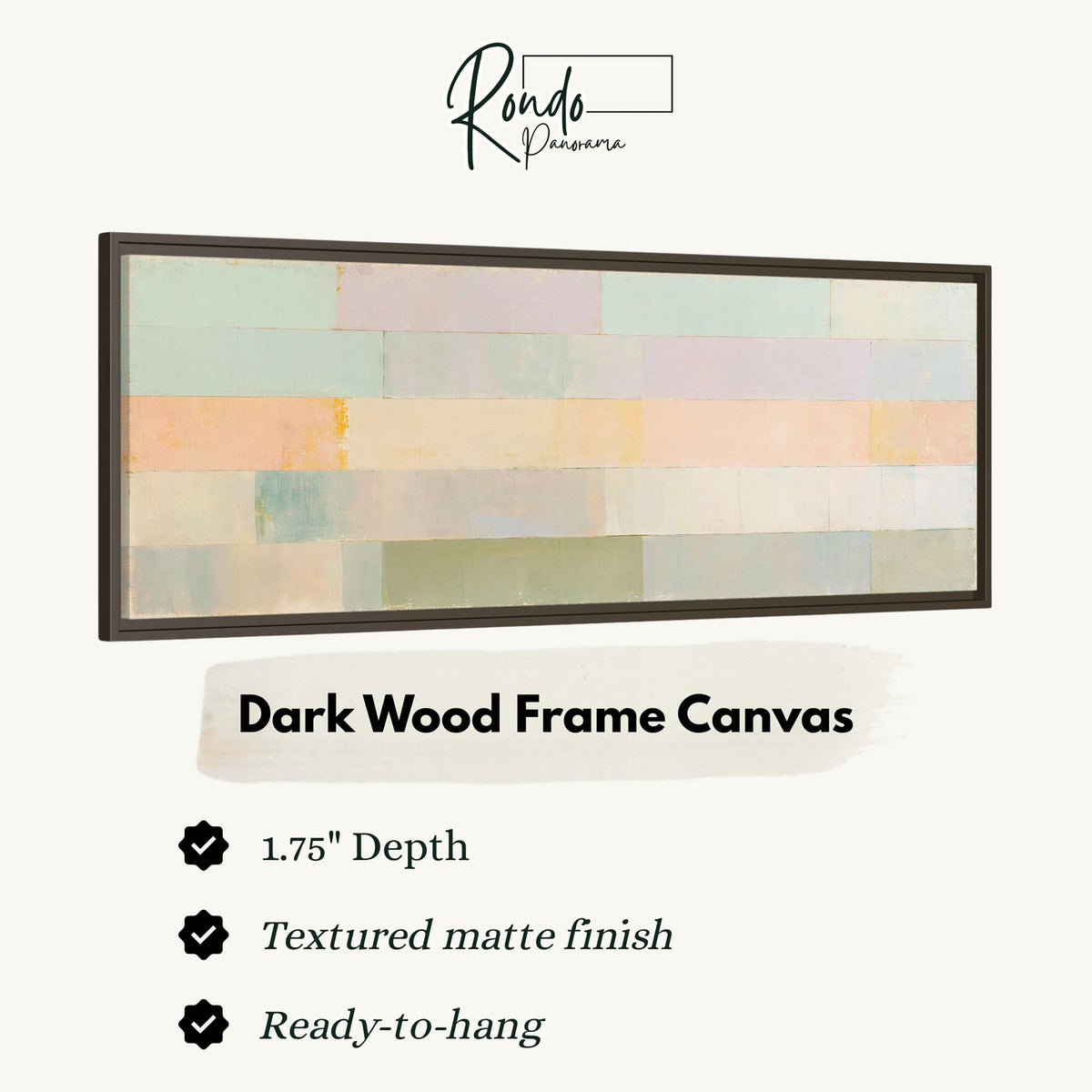 Soft lilac, mint and butter color bands canvas print in a dark wood floating frame