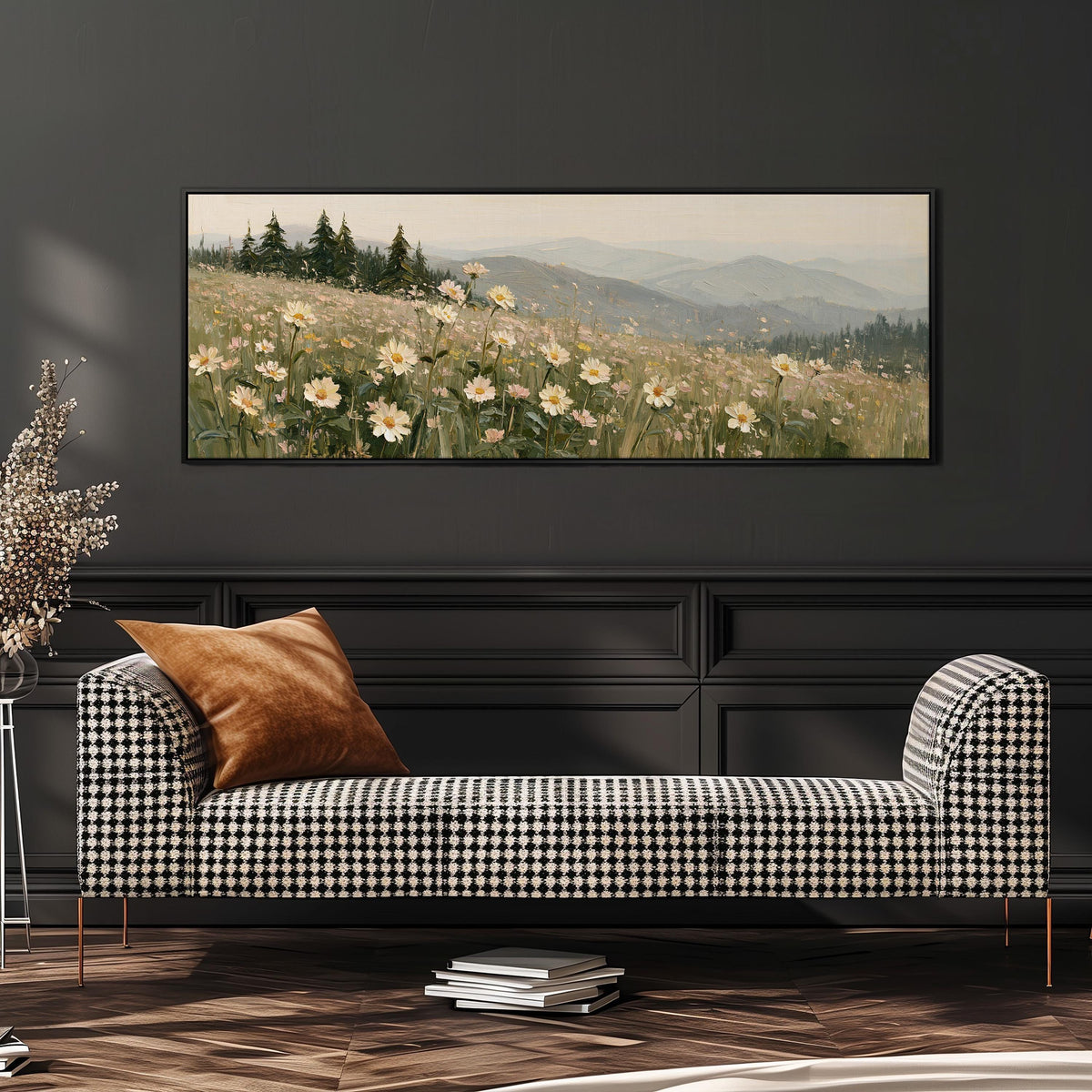 Daisy hillside below blue mountains wide panoramic canvas print above a bench in a dark living room