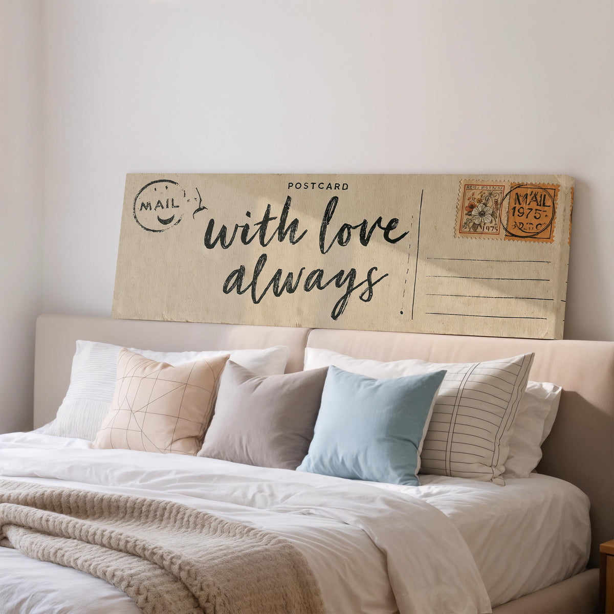 Vintage postcard saying with love always wide panoramic canvas print above a bed in a bedroom
