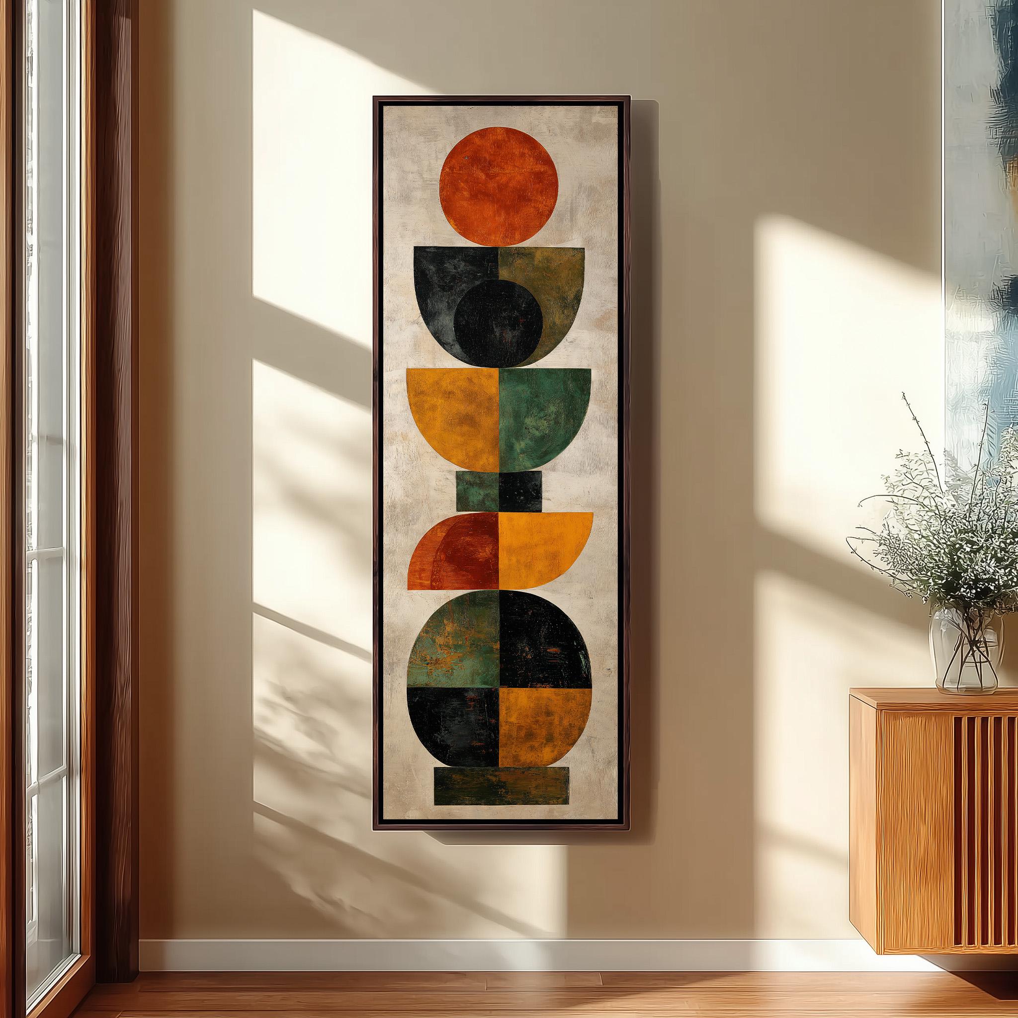 a large abstract painting hanging on a wall, with a wooden cabinet and a vase of flowers to the right of the painting.