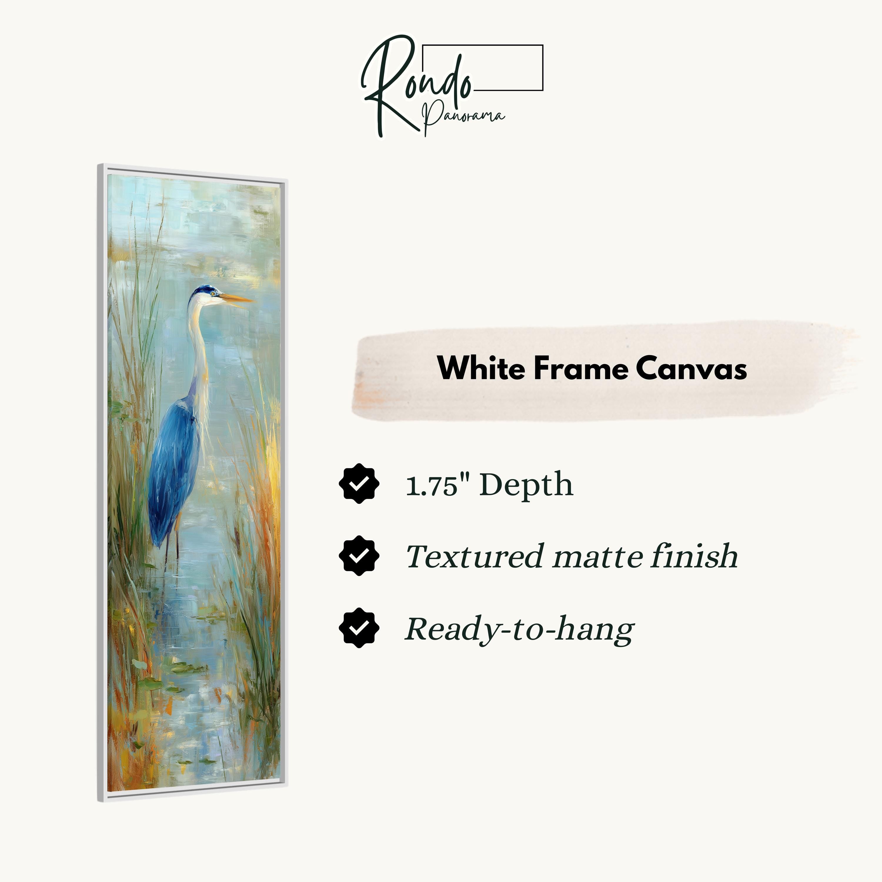 The image is a white frame canvas featuring a painting of a blue heron standing in a pond.