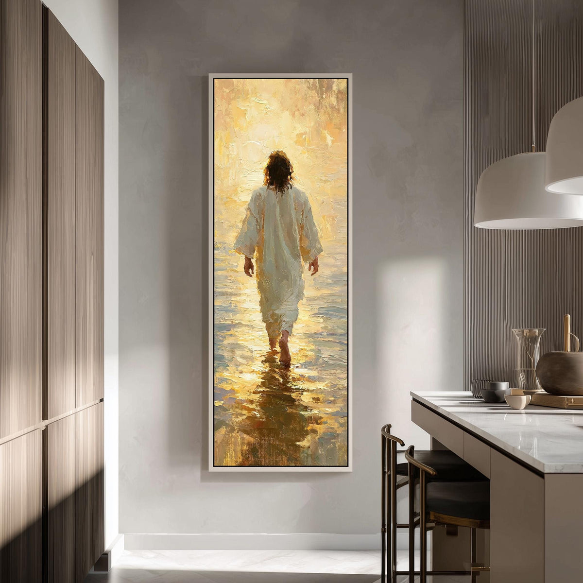 Jesus walking into golden light over water tall skinny canvas print in a modern kitchen