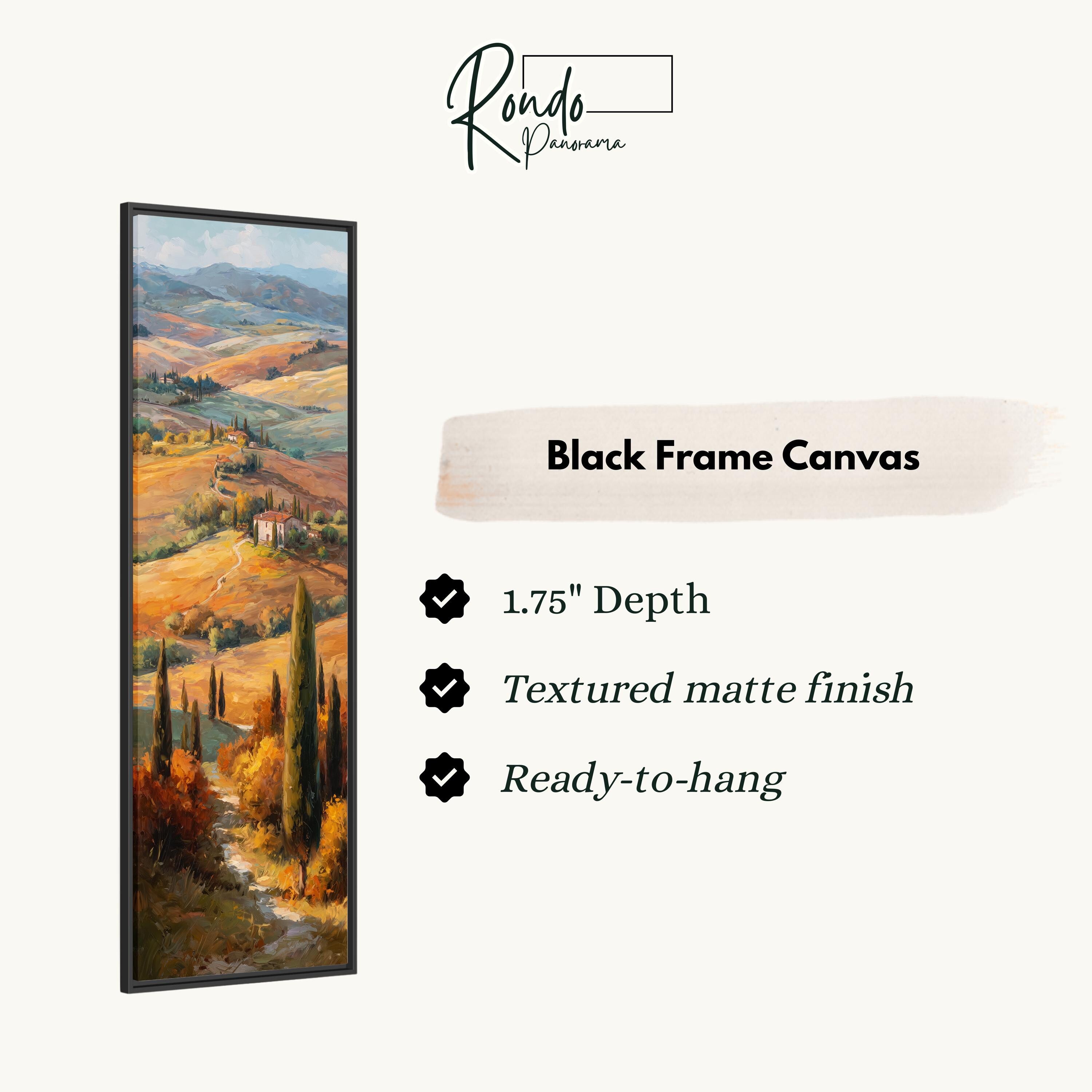 The image is a black frame canvas depicting a scenic countryside landscape with rolling hills, trees, and a winding path.