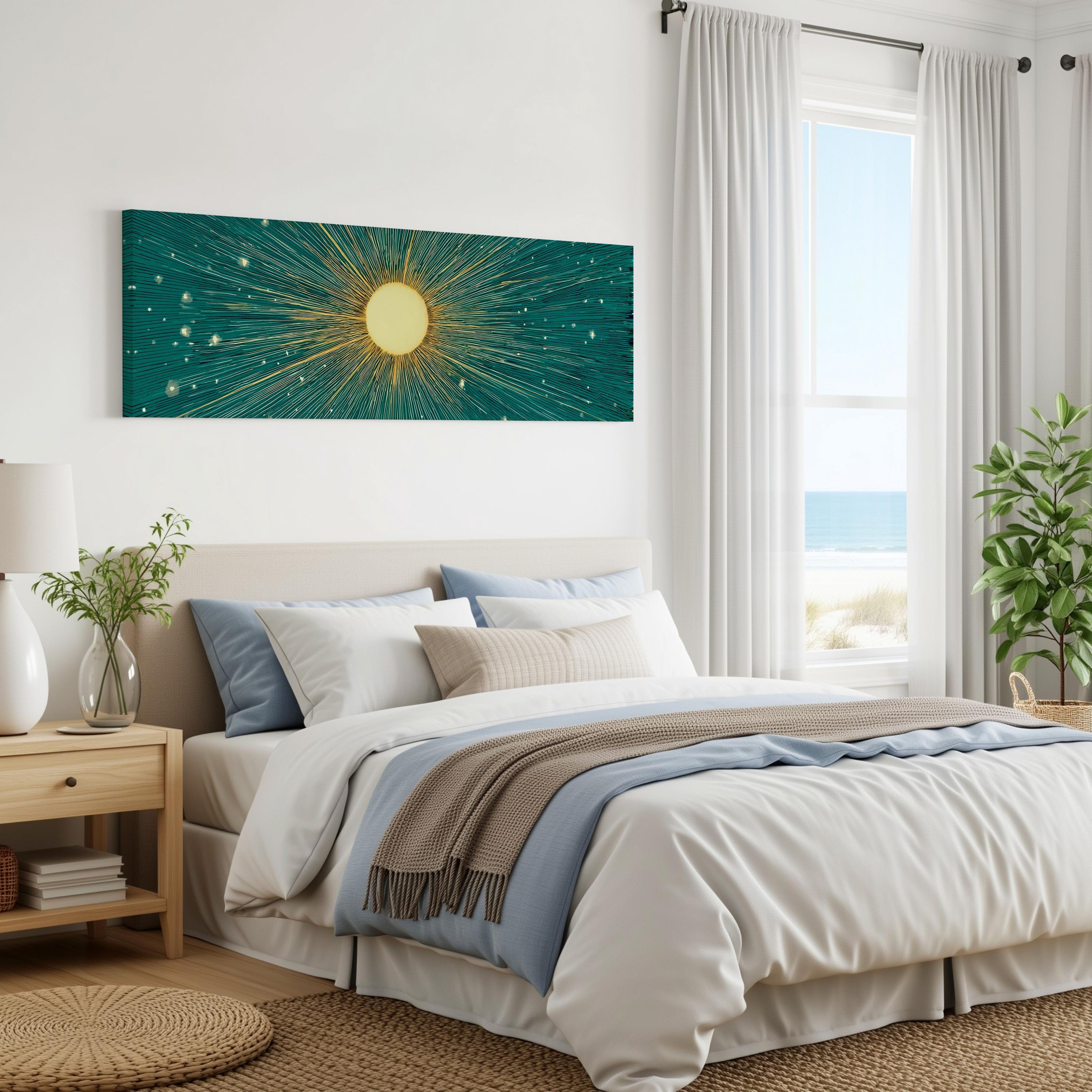 a serene bedroom with a large bed, a nightstand, and a painting of a sun and stars on the wall. The room has a calming and peaceful atmosphere, with natural light coming in through the window and a view of the ocean.