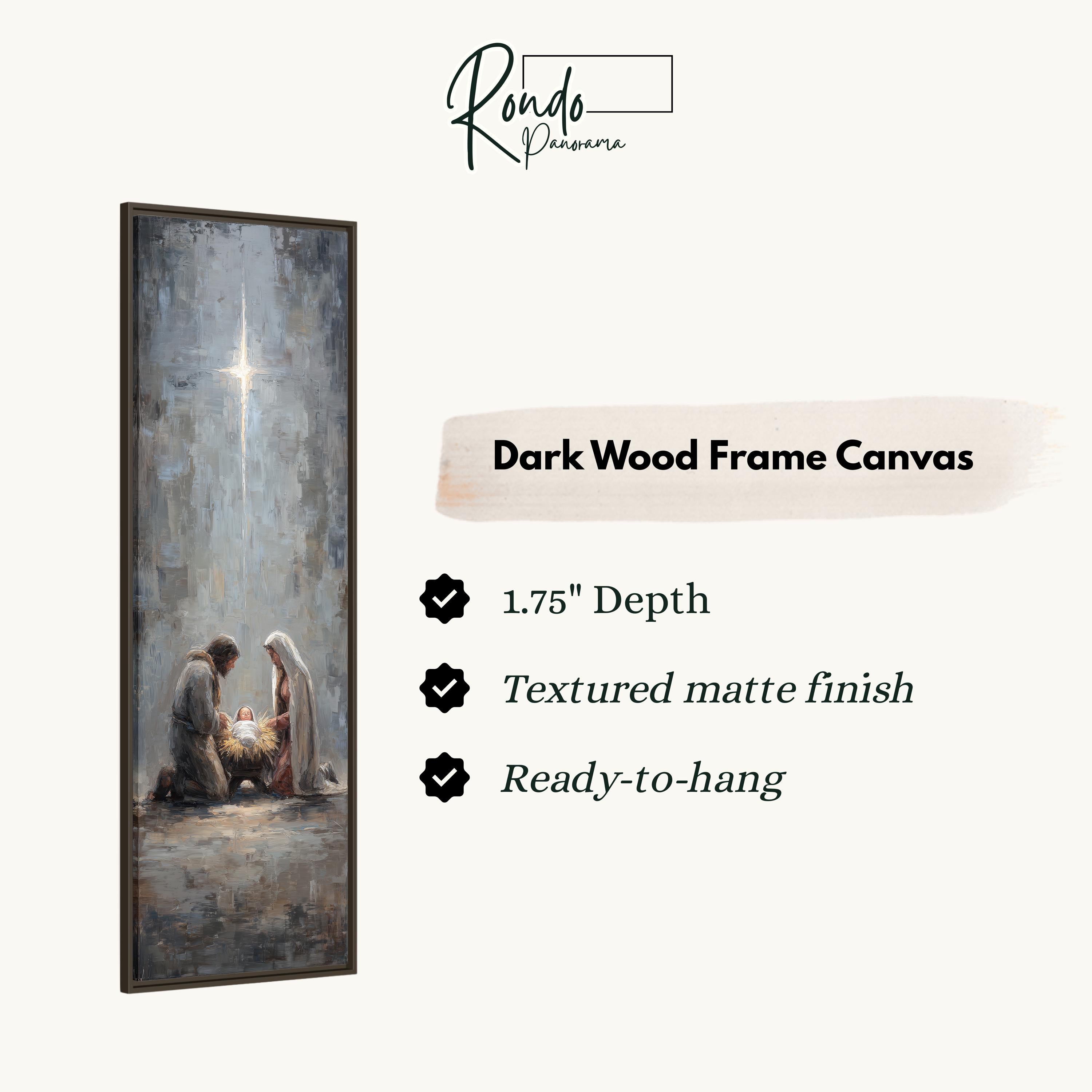 The image is a dark wood frame canvas depicting a nativity scene with a man, a woman, and a baby.
