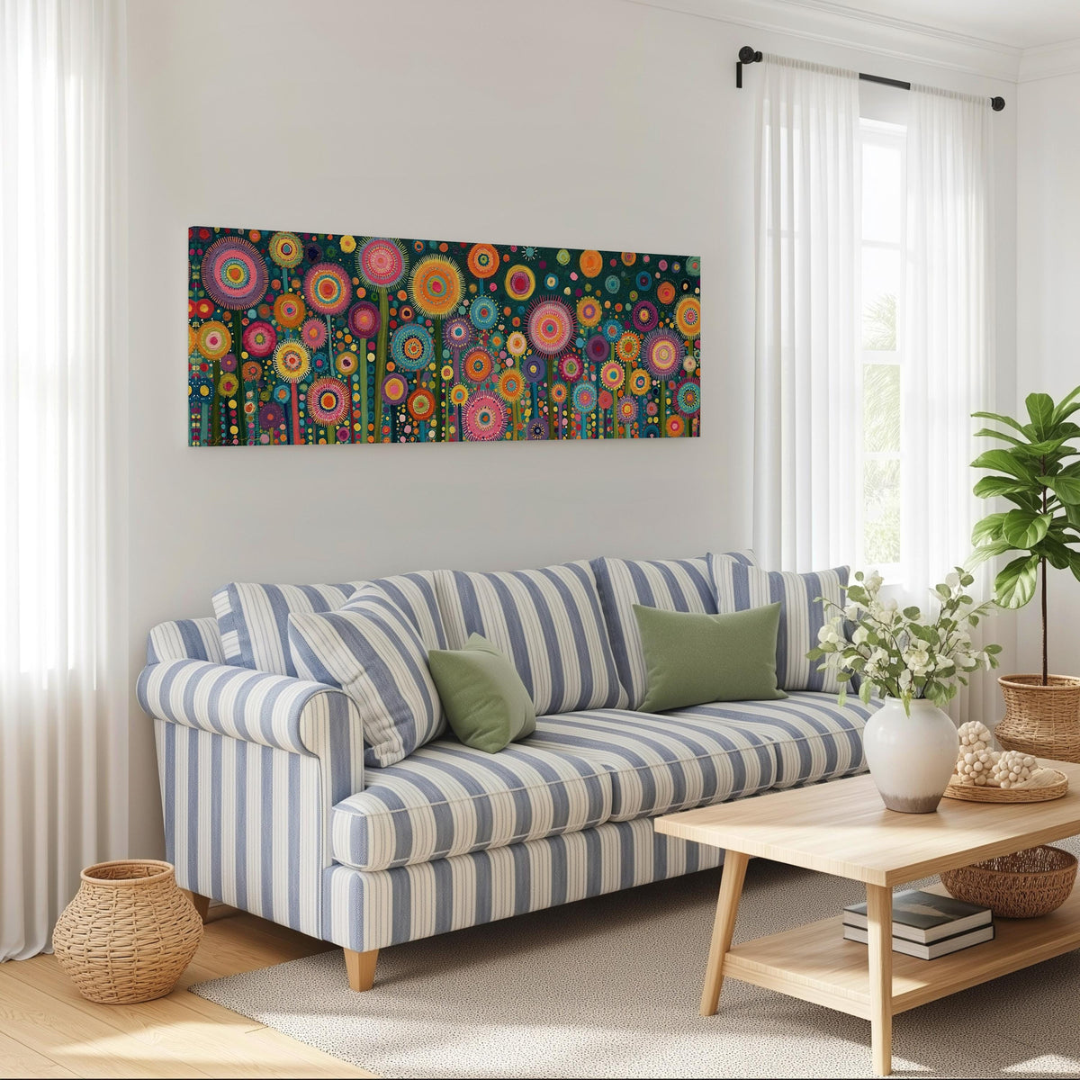 Circle flower garden on teal long horizontal canvas print above a striped sofa in a coastal living room