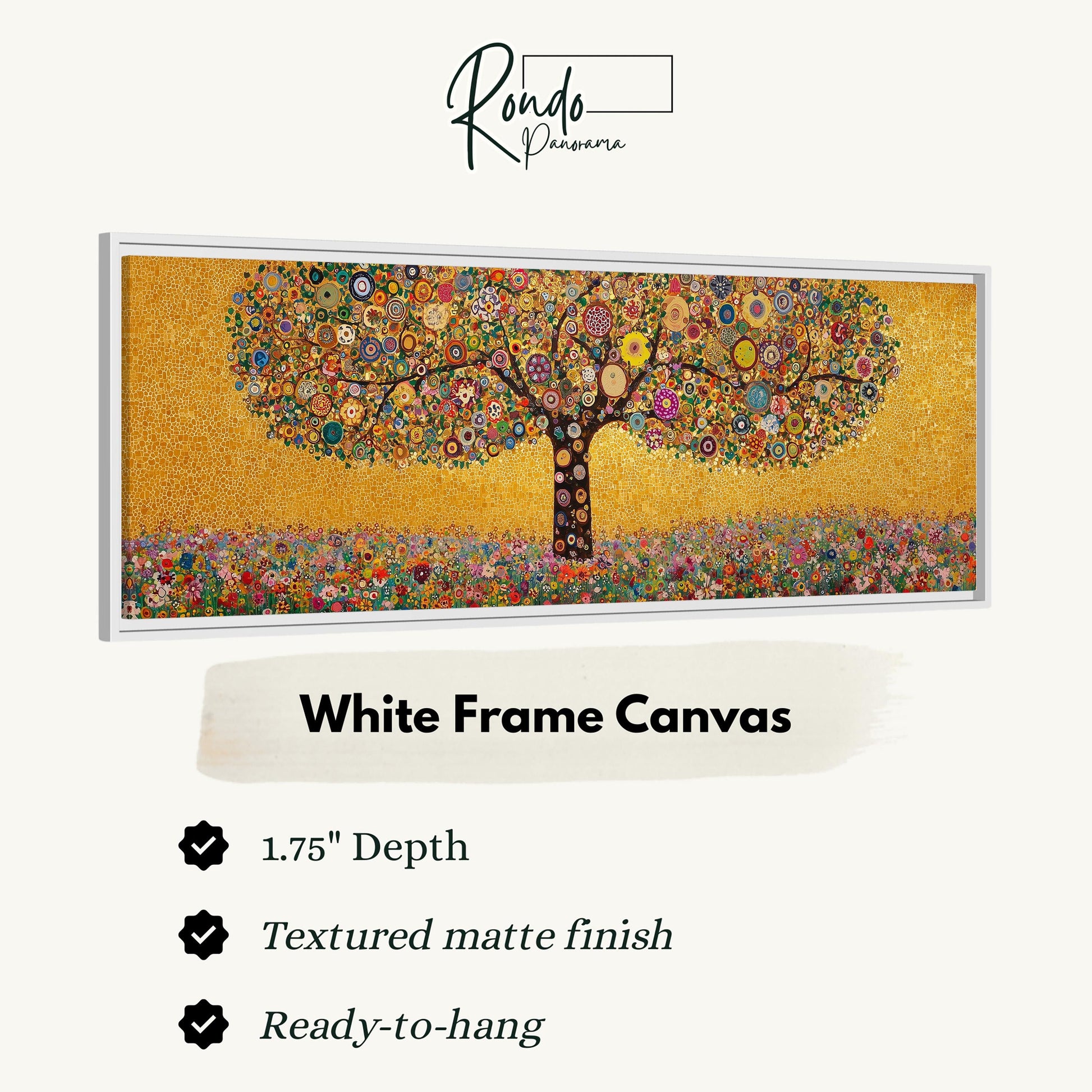 The image is a white frame canvas depicting a tree with a golden background and a field of flowers.