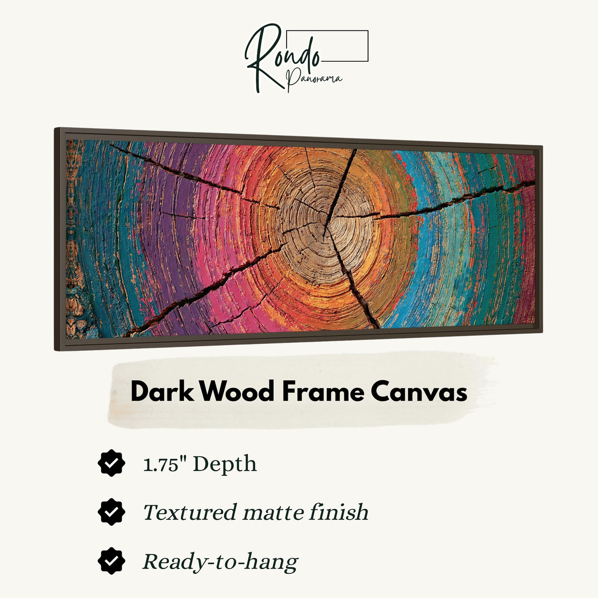 Rainbow tree ring canvas print in a dark wood floating frame