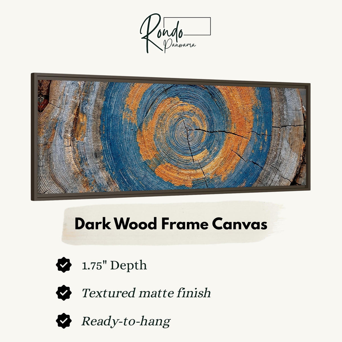 Blue and orange tree ring canvas print in a dark wood floating frame