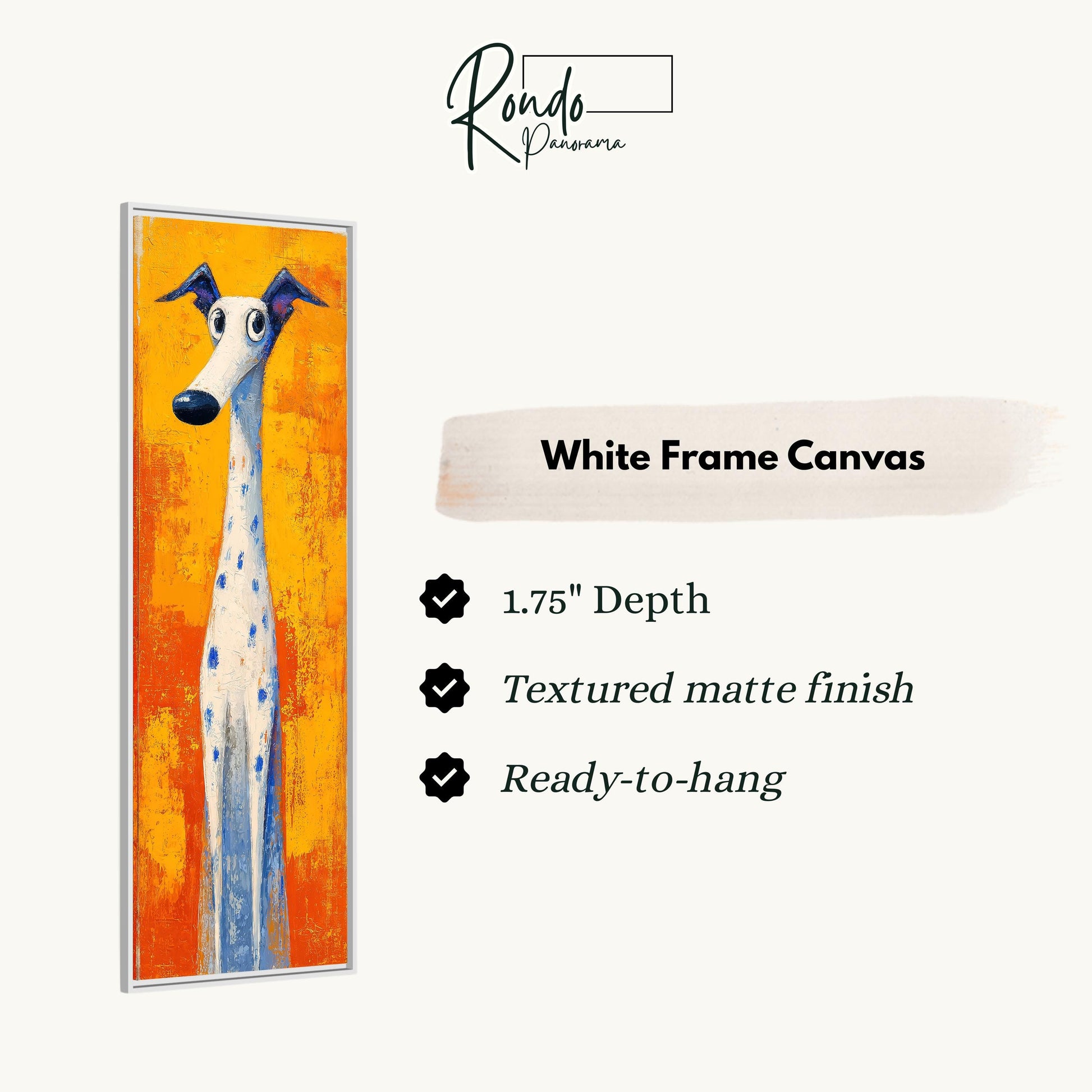 The image is a white frame canvas featuring a painting of a dog with a blue nose and blue spots on its body.