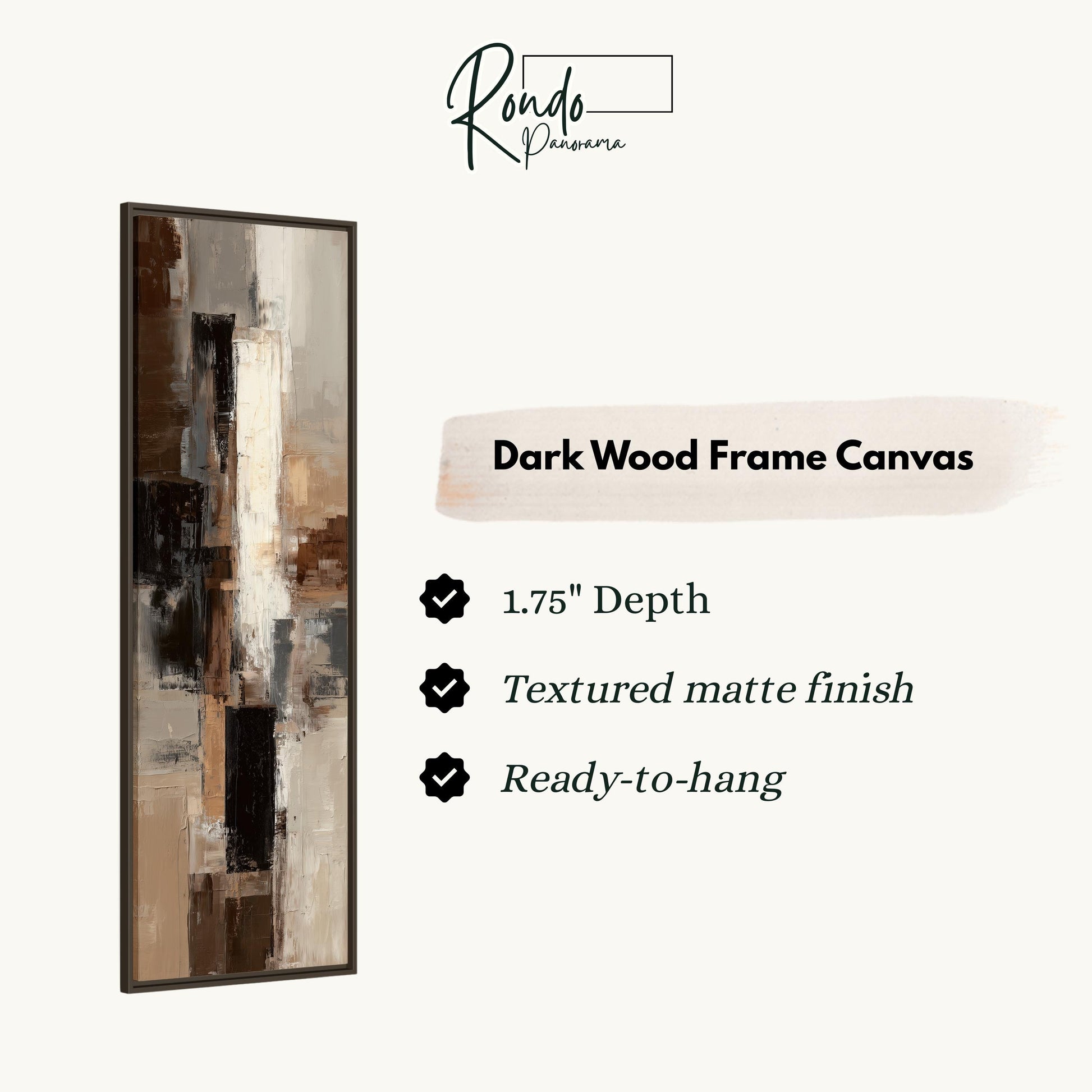 The image is a product advertisement for a dark wood frame canvas. It features a painting of a dark wood frame canvas with a textured finish and a 1.75" depth. The product is described as "Ready-to-hang" and has a "Textured matte finish".