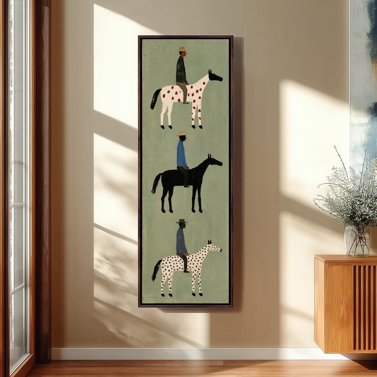 Three folk riders on spotted horses stacked vertically long vertical canvas print in a sunlit living space