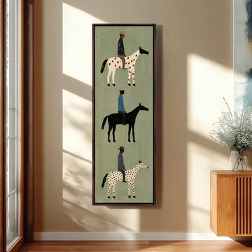 Three folk riders on spotted horses stacked vertically long vertical canvas print in a sunlit living space