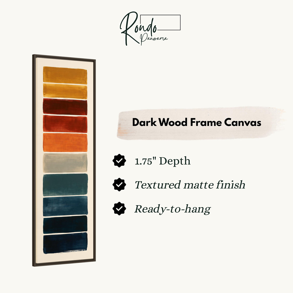 Stack of swatches from mustard to navy canvas print in a dark wood floating frame