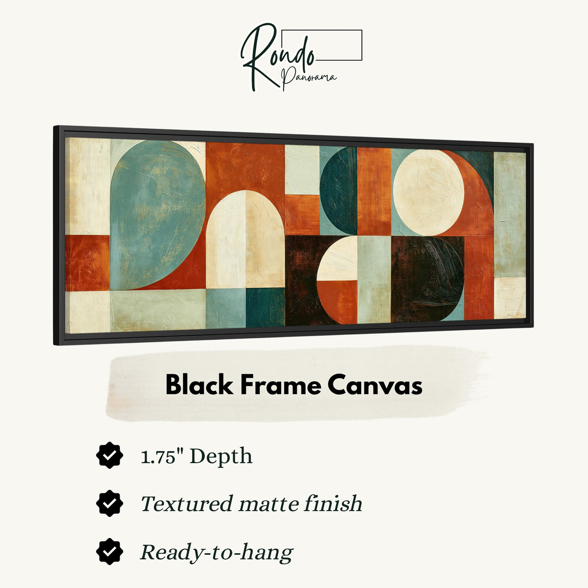 Teal and rust arch and circle shapes canvas print in a black floating frame
