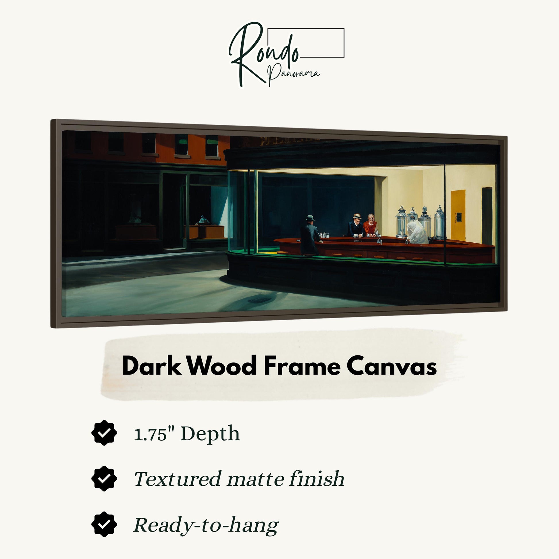 The image is a dark wood frame canvas depicting a scene of people sitting at a bar.