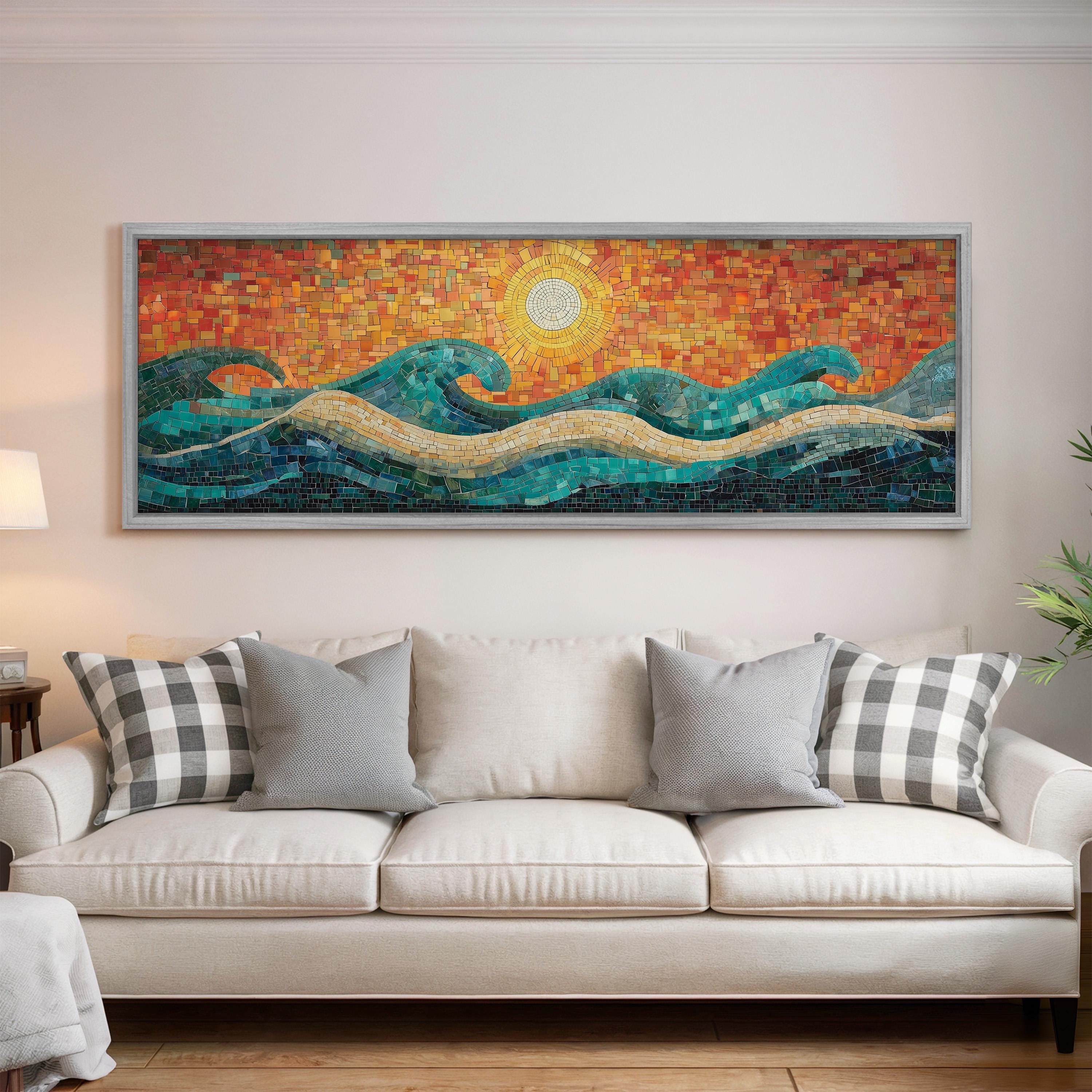 a large, colorful mosaic artwork depicting a seascape with waves and a sun in the background, hanging on a wall above a white couch with patterned throw pillows.