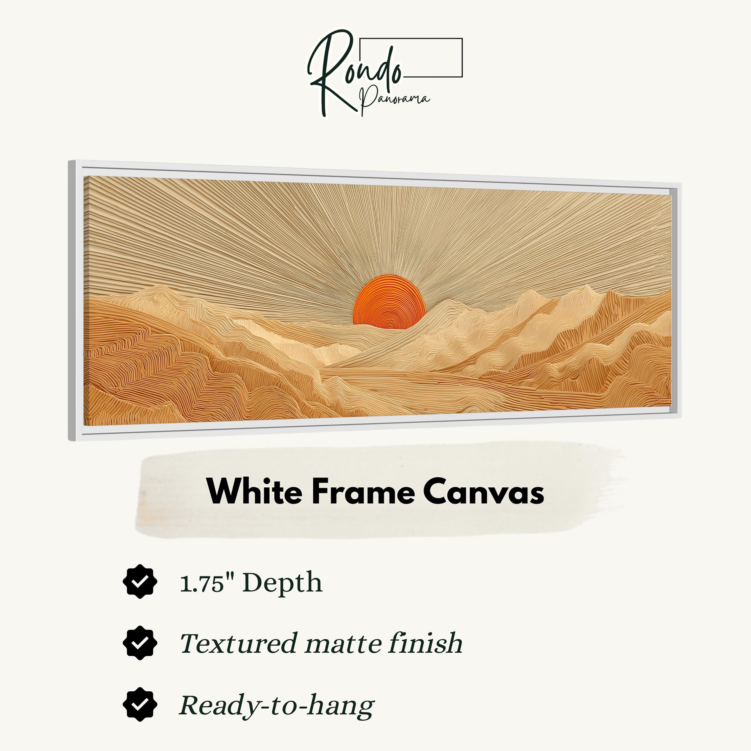The image is a white frame canvas depicting a landscape with mountains and a sun in the background.