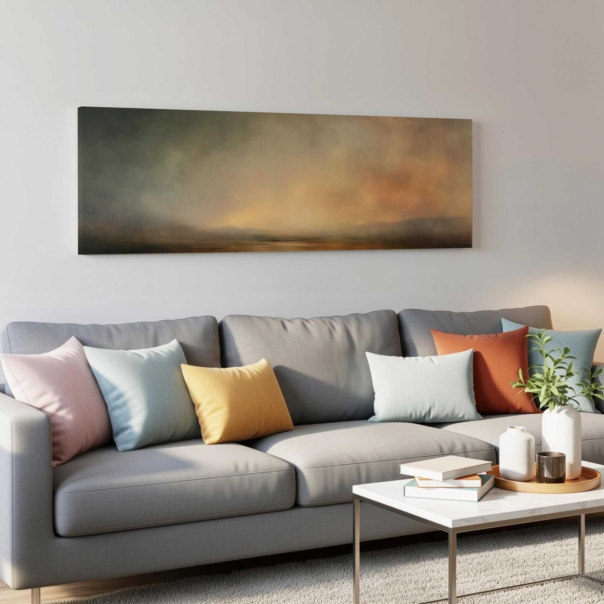 a modern living room with a gray sofa adorned with colorful throw pillows, a white coffee table, and a large abstract painting hanging on the wall above the sofa.