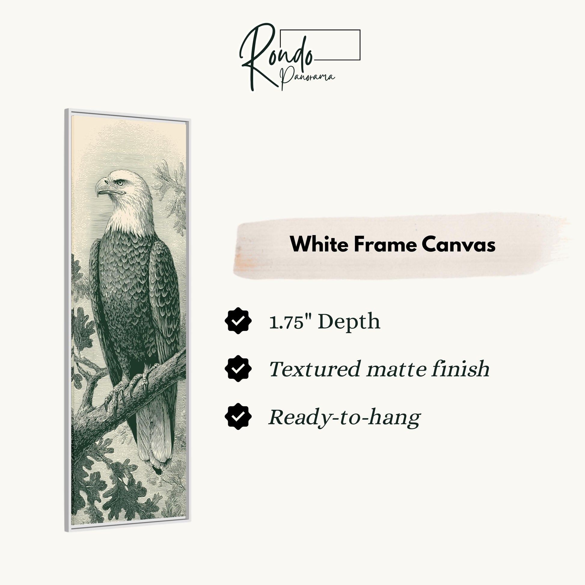 a detailed black and white illustration of an eagle perched on a branch, with a text box providing information about the white frame canvas.