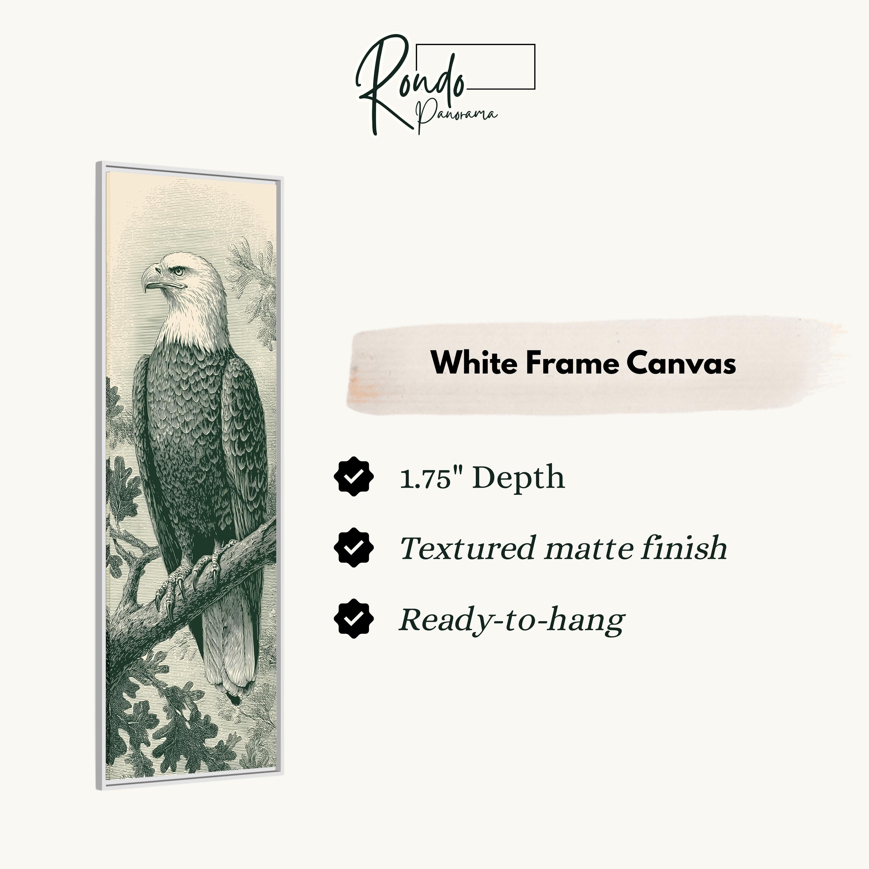 a detailed black and white illustration of an eagle perched on a branch, with a text box providing information about the white frame canvas.