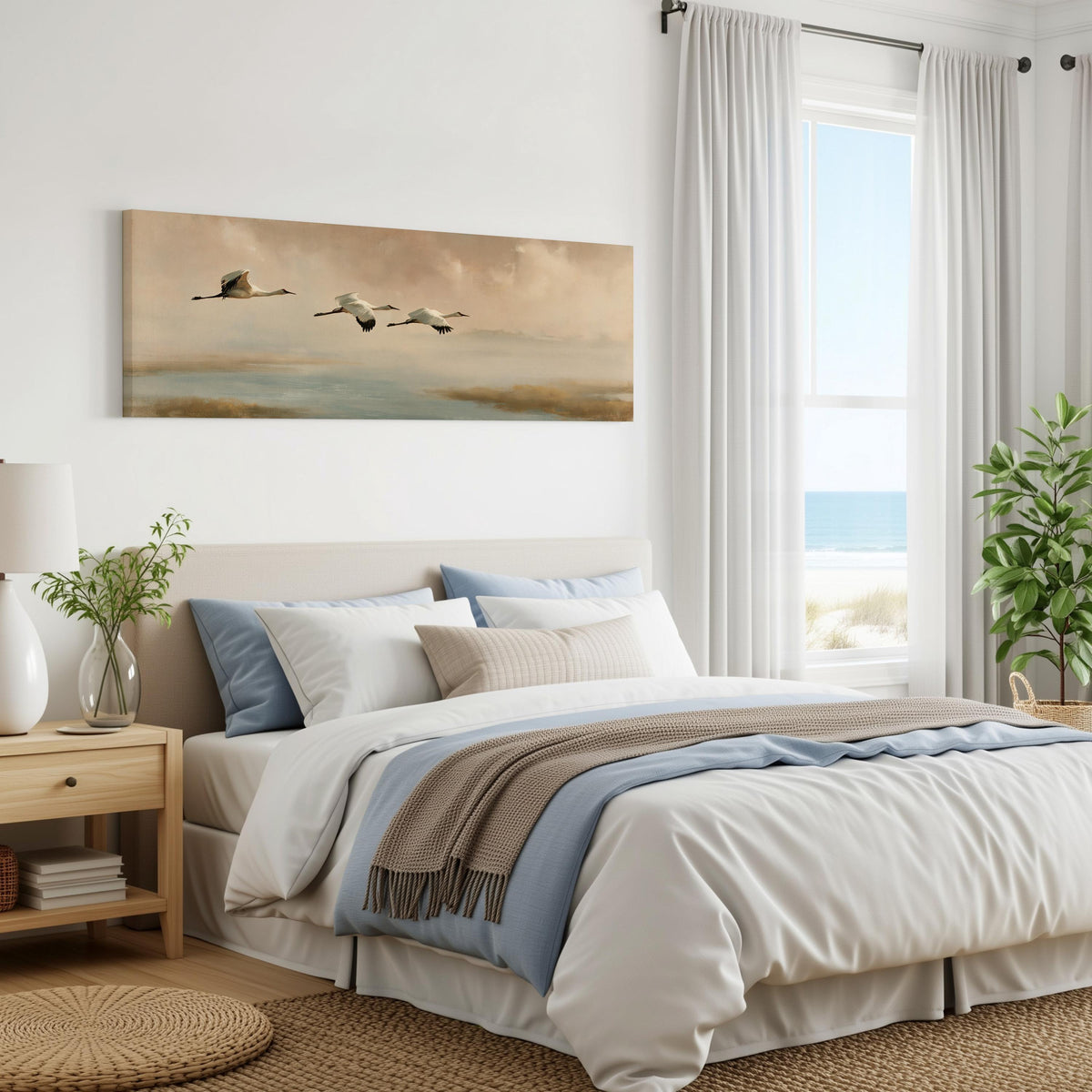 Cranes flying over a calm shore at dusk panoramic canvas print above a bed in a coastal bedroom