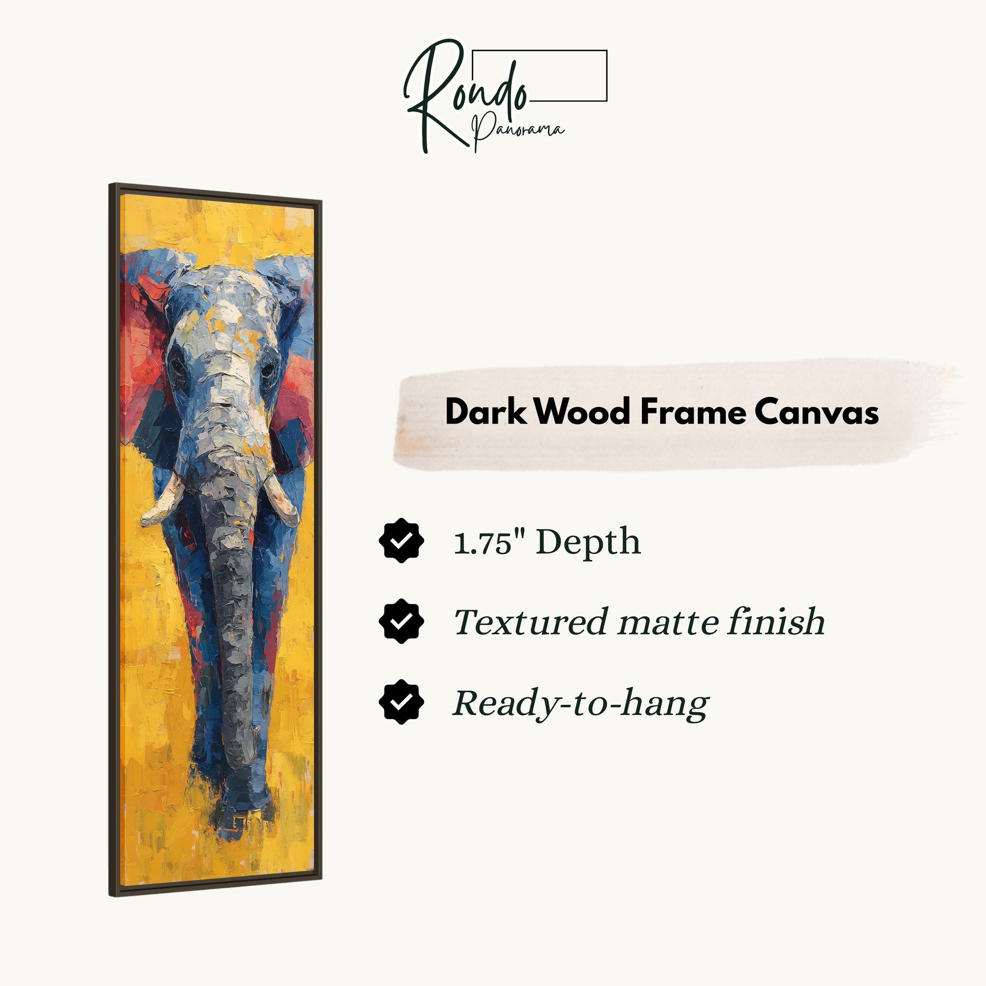 The image is a vertical text box containing information about a dark wood frame canvas.