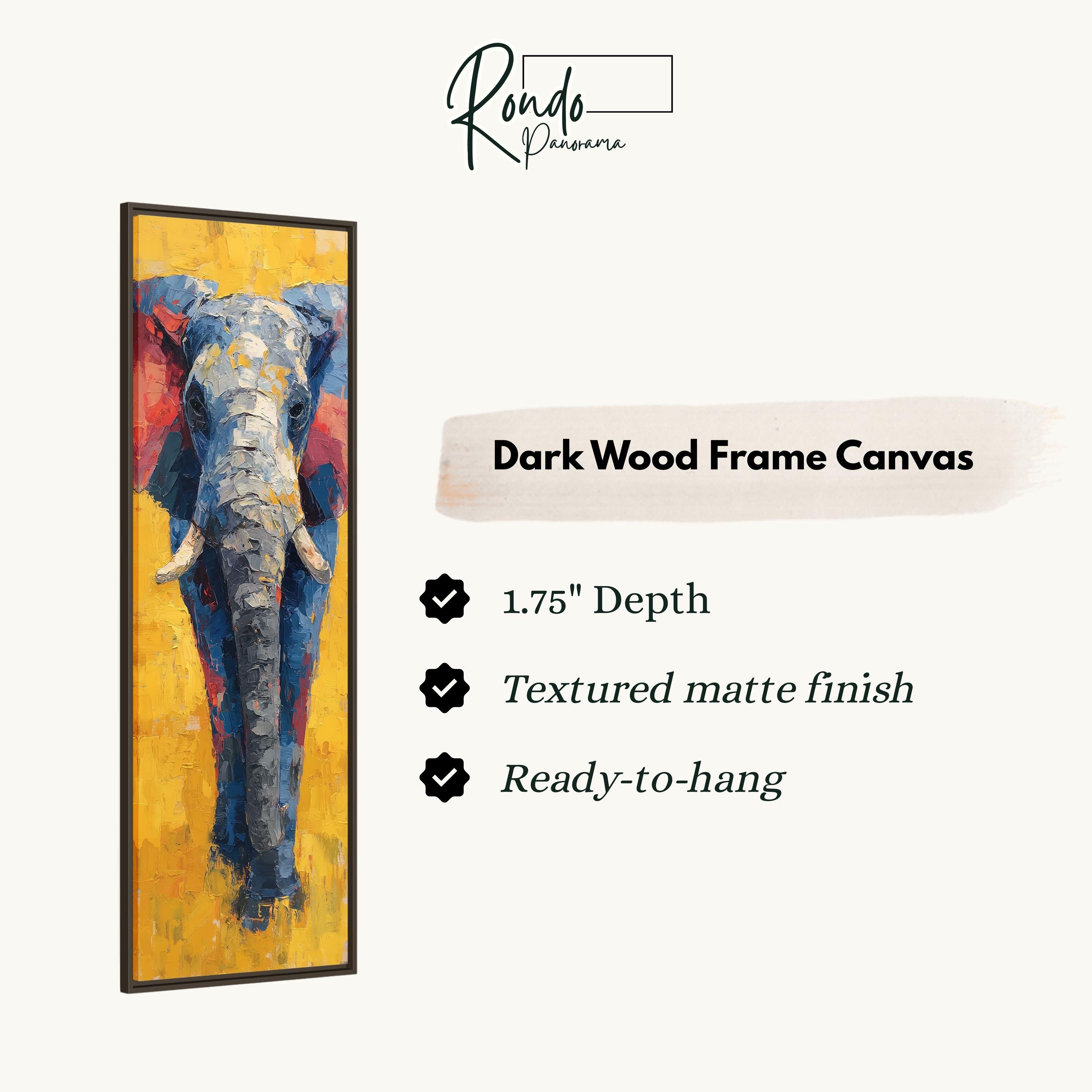 The image is a vertical text box containing information about a dark wood frame canvas.